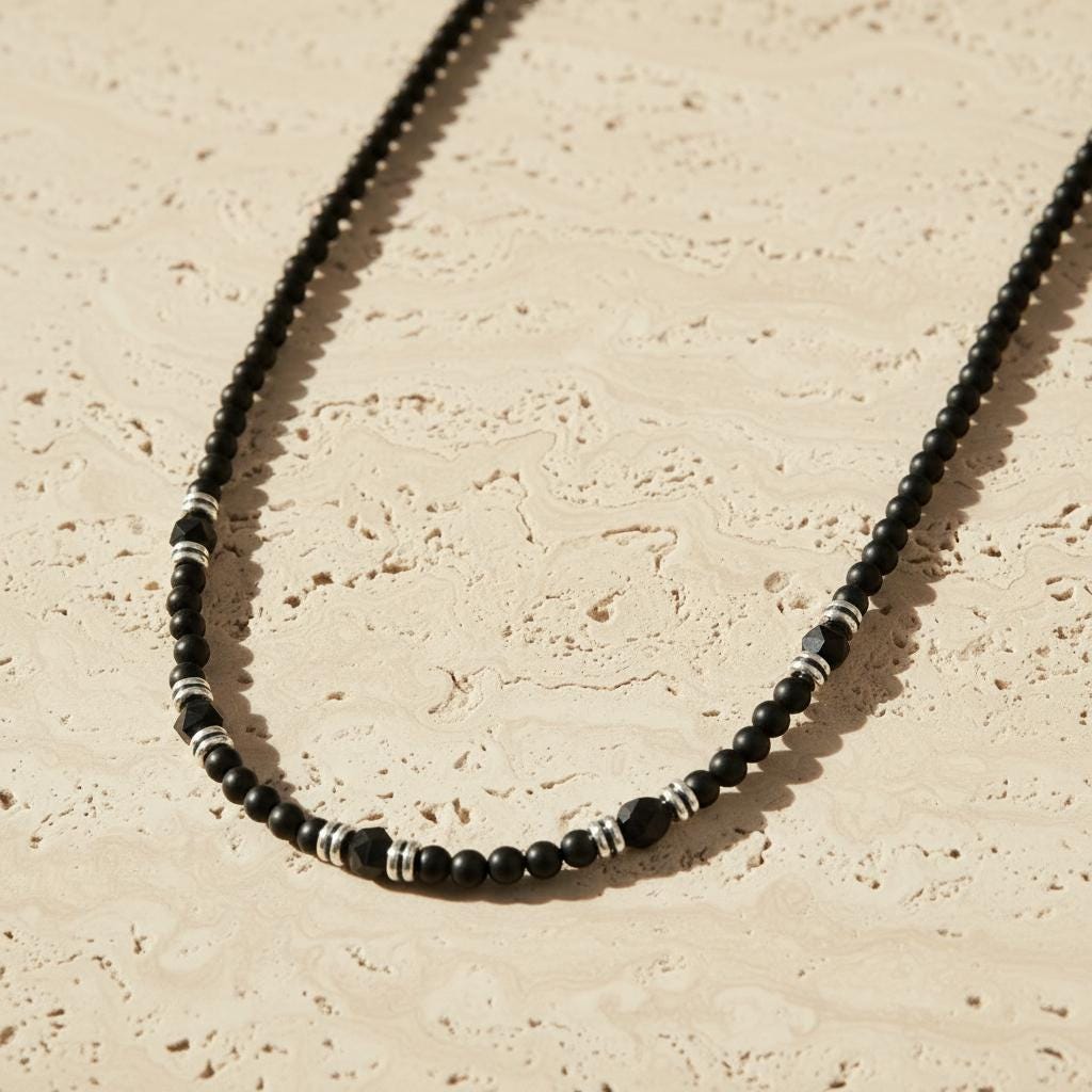 Black Onyx and Stainless Steel Beaded Necklace for Men