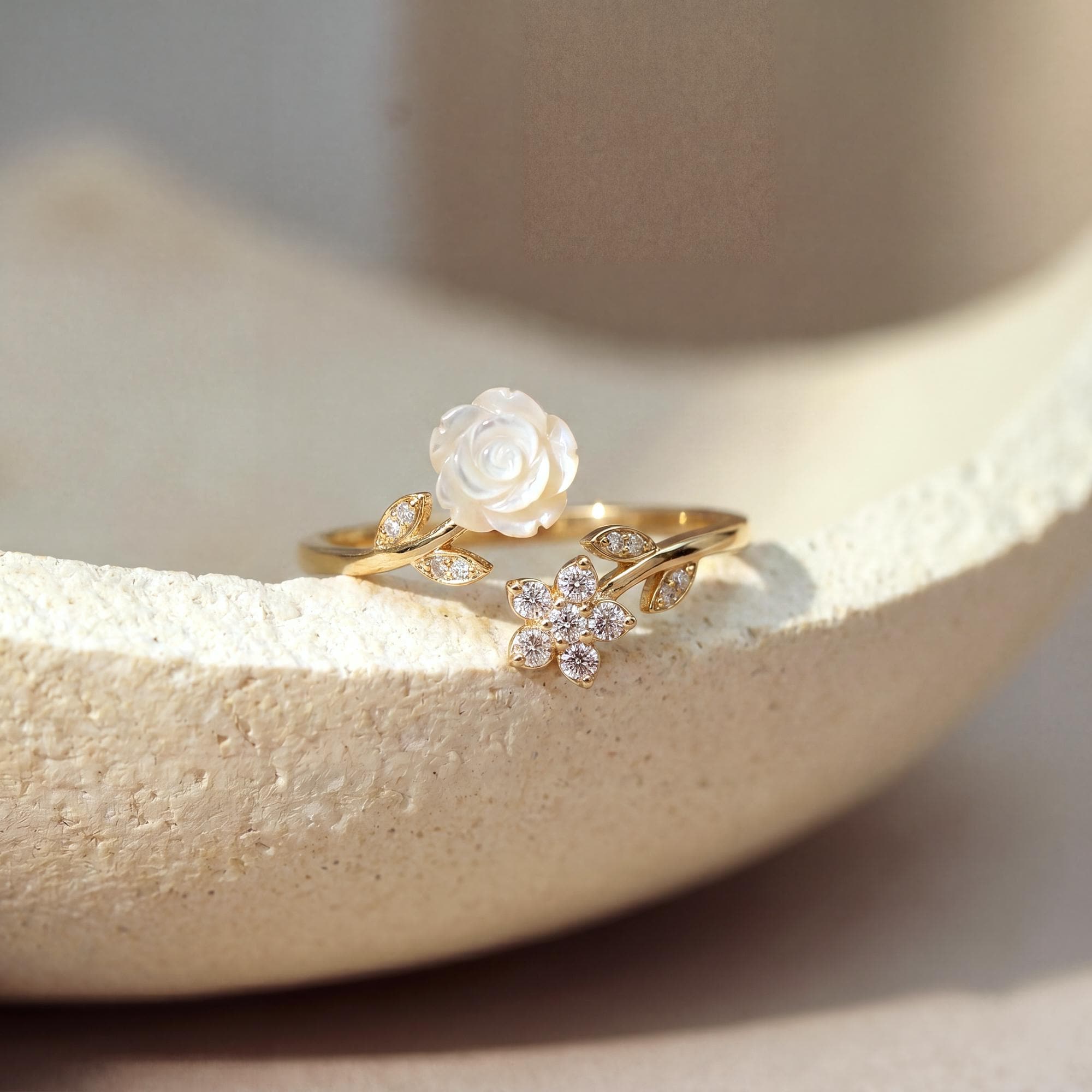 Gold Plated Camellia Flower Ring, Adjustable Open Floral Ring