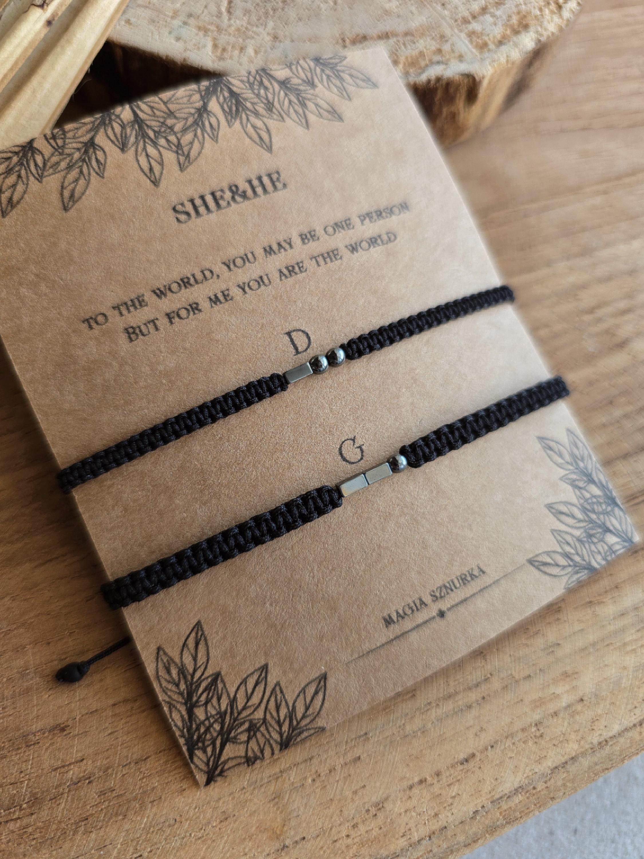Initial Morse Code Couples Bracelet Set with Hematite Beads in Black Macrame