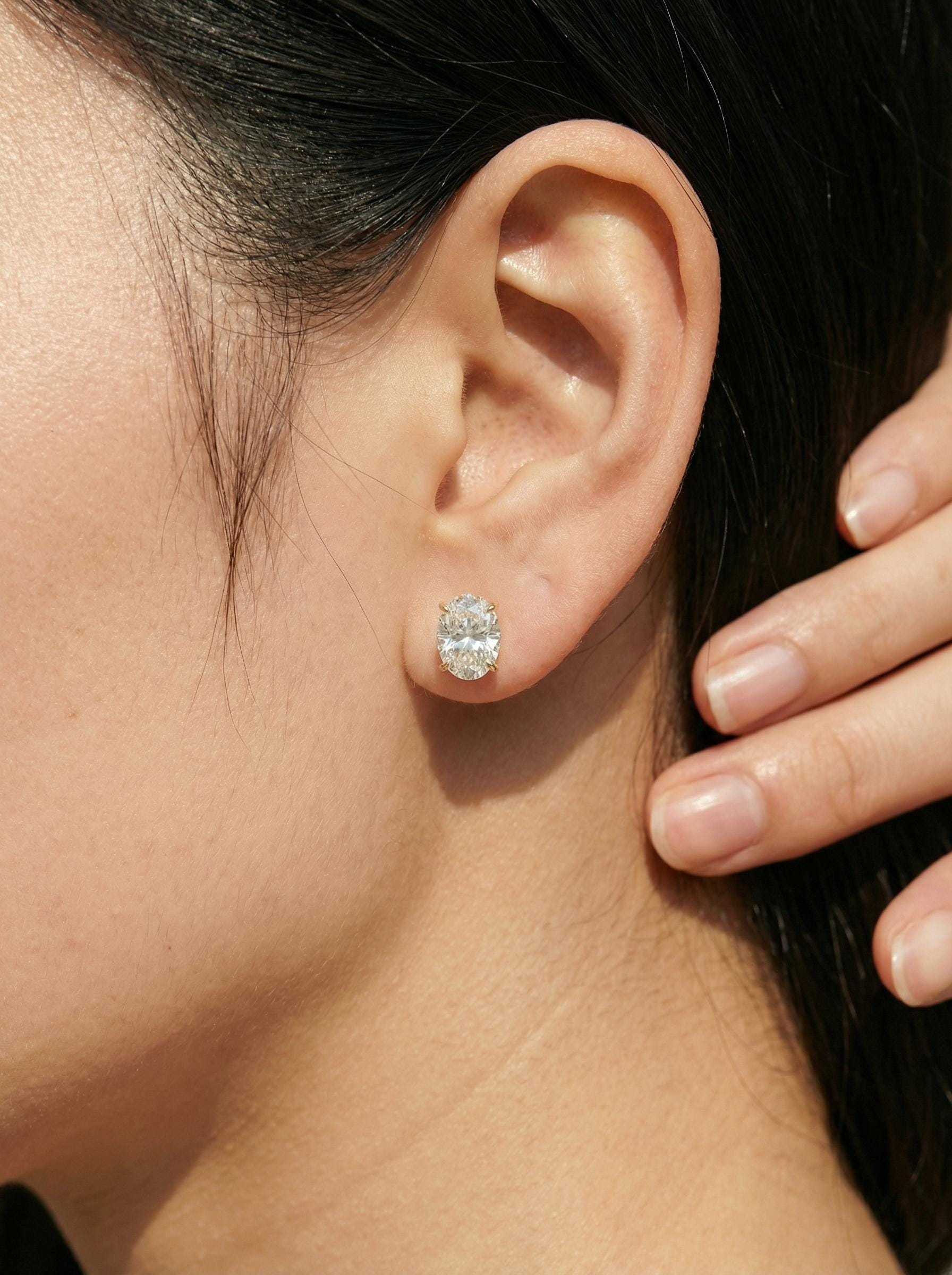 Oval Moissanite Stud Earrings in Sterling Silver or Solid Gold