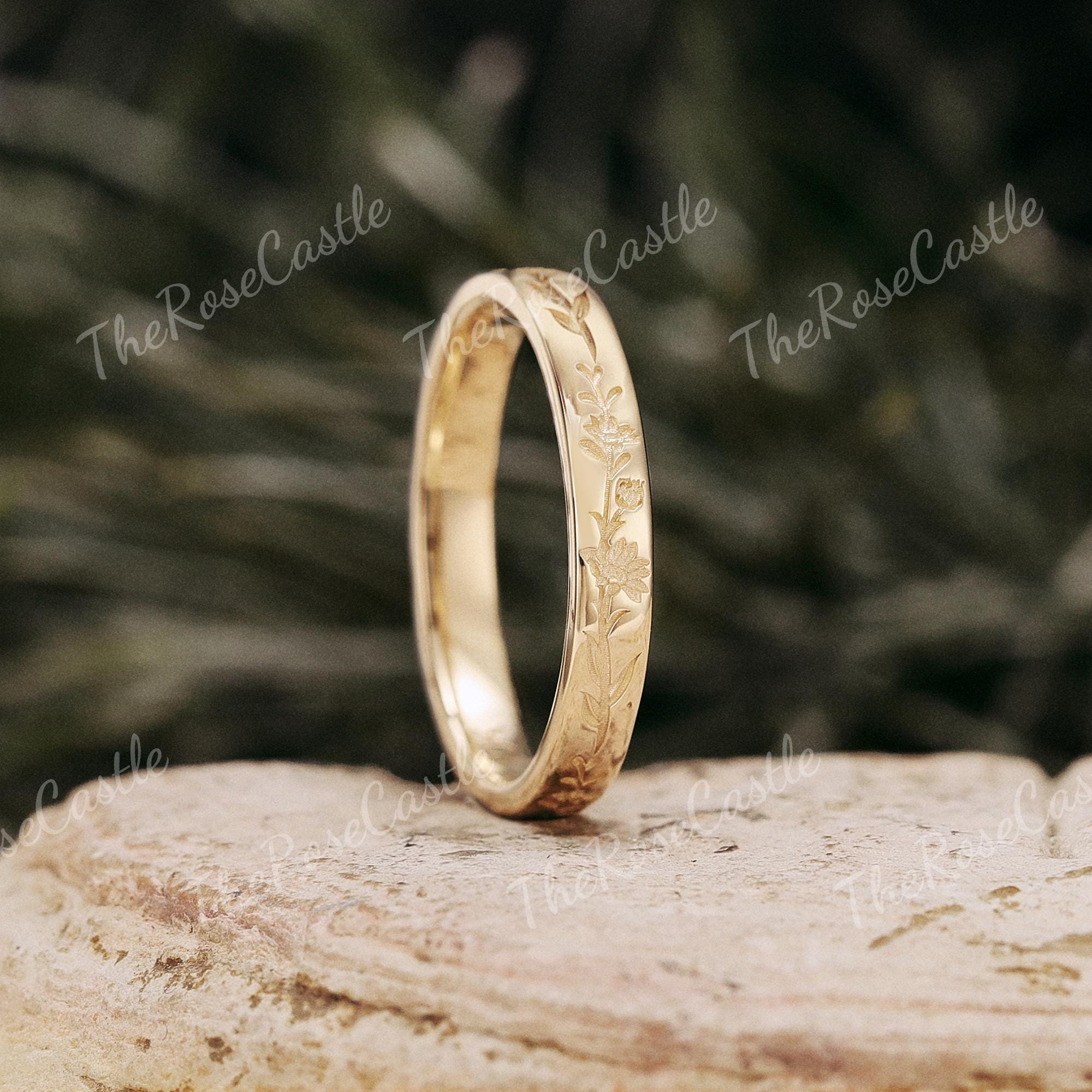 Hand-Engraved Birth Flower Wedding Band, 3mm Art Deco