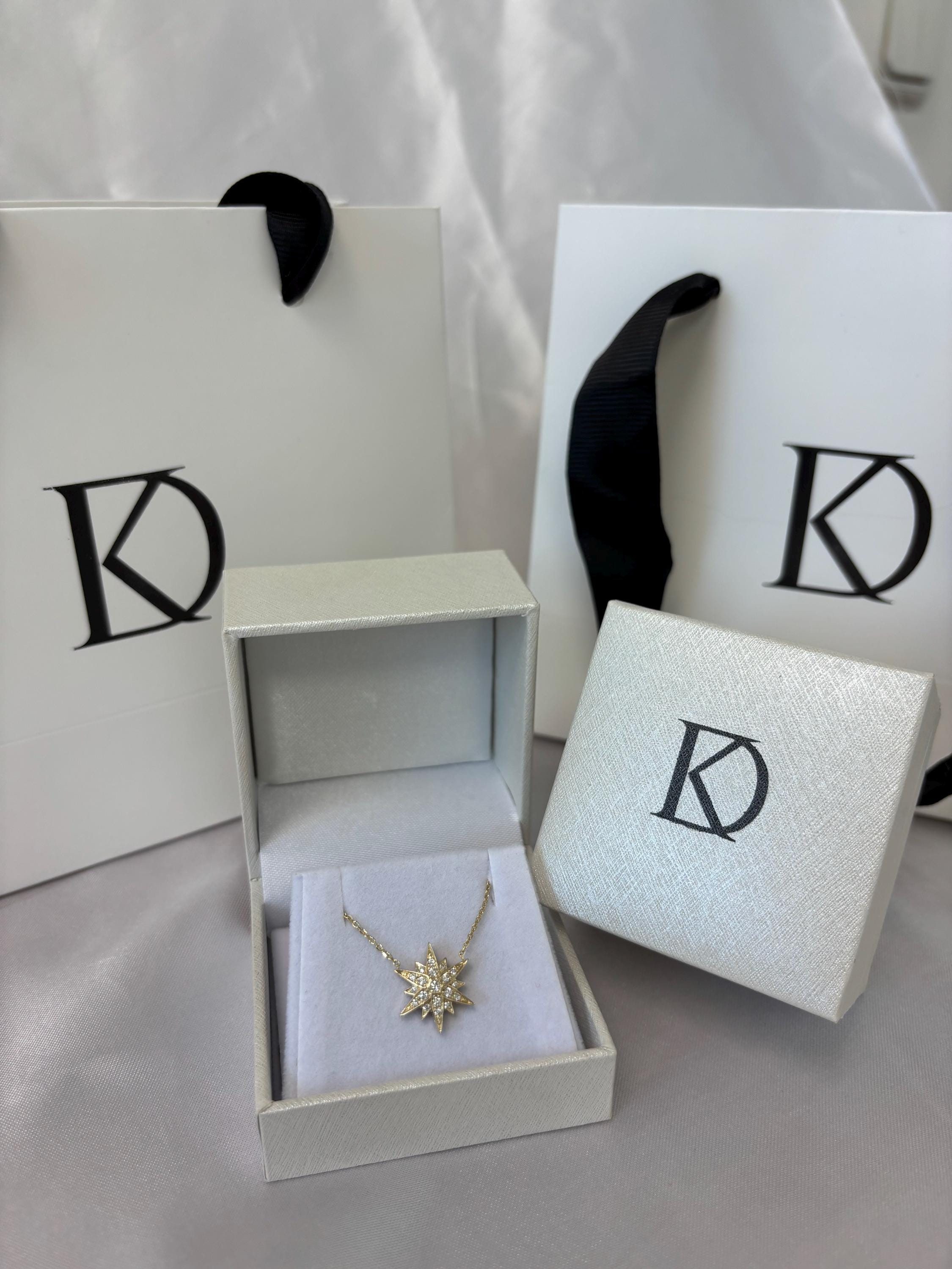 14K Solid Gold Starburst Diamond Pendant Necklace