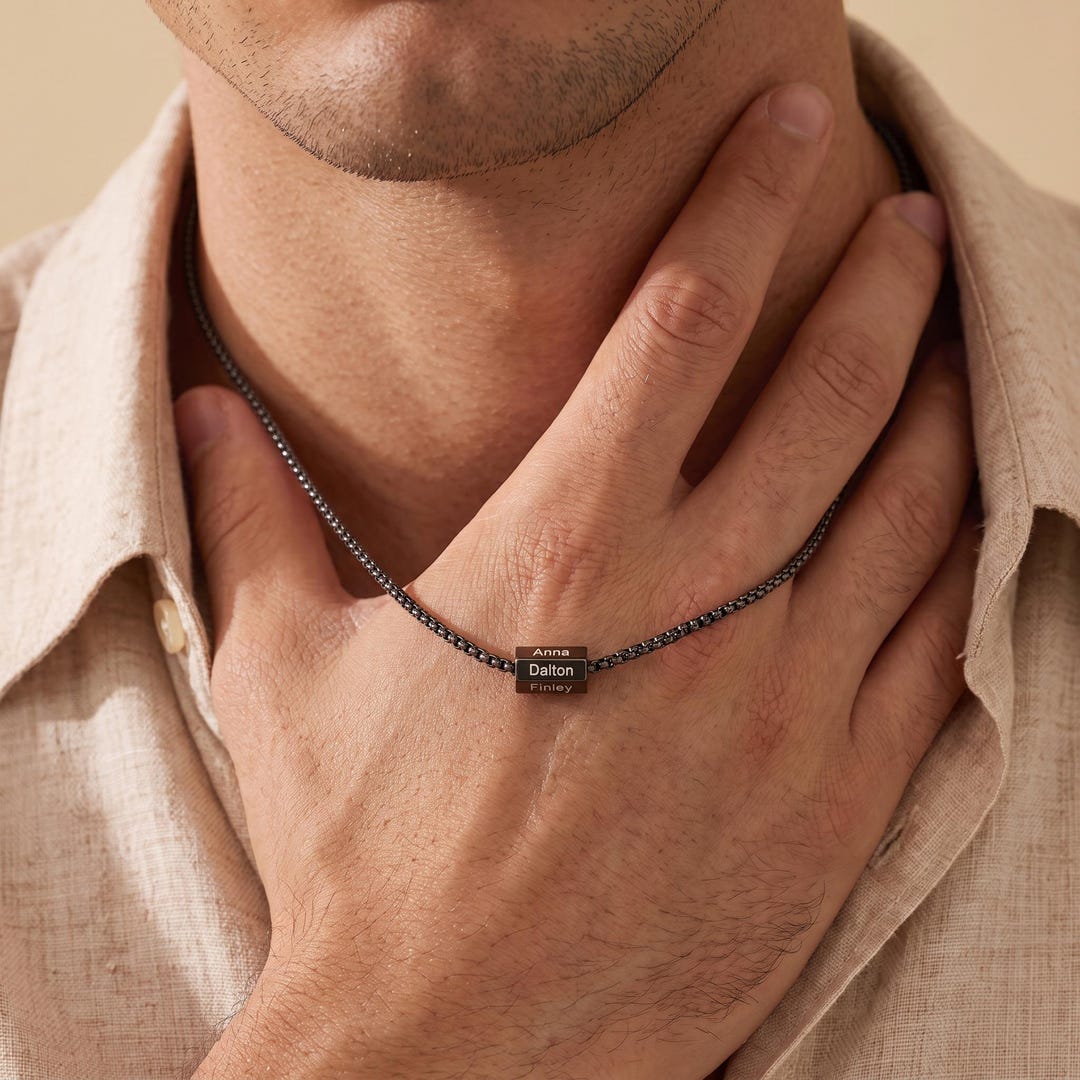 Custom Name Bar Necklace for Men with Copper Pendant and Engraved Names