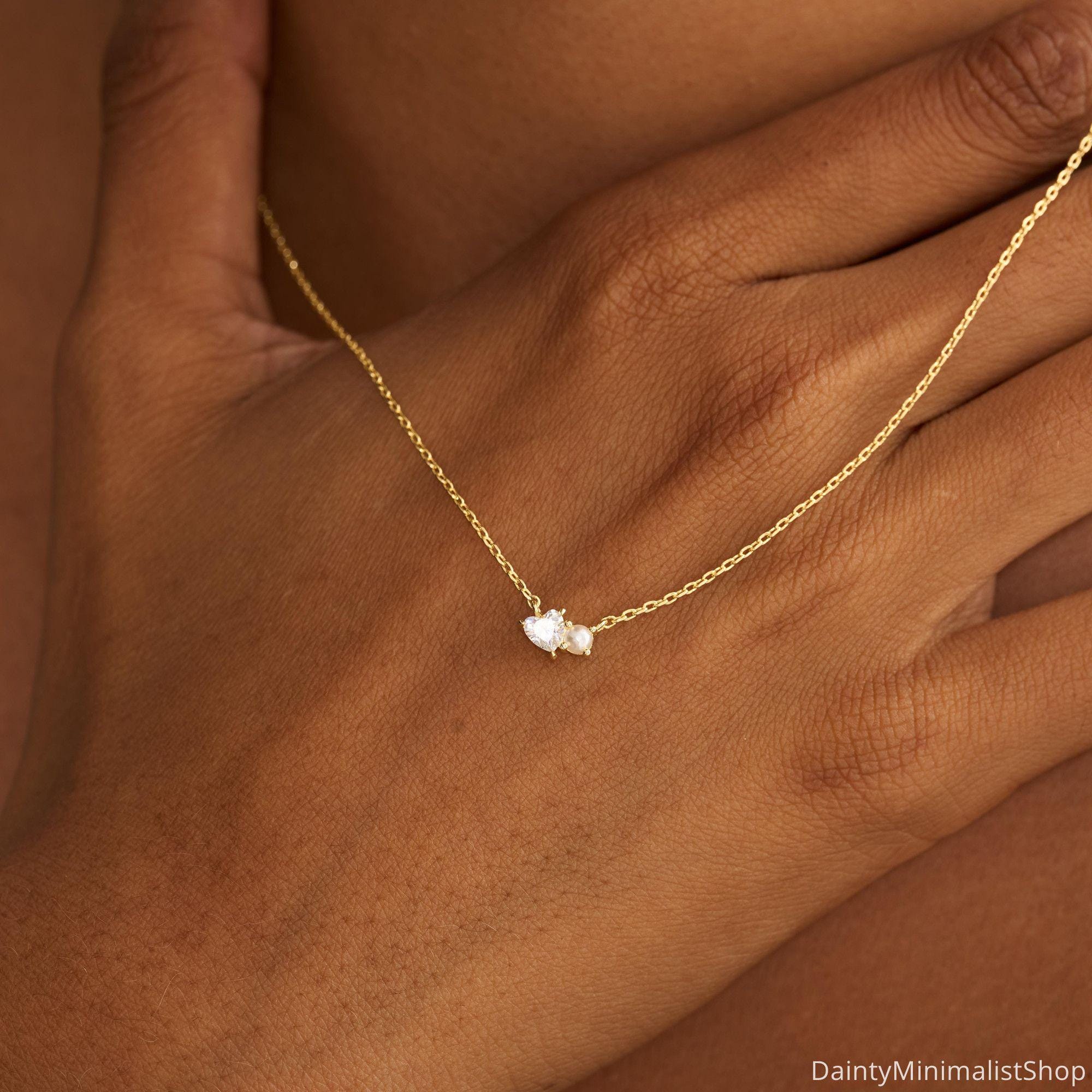 Dainty Pearl Necklace with Heart CZ Diamond in 14K Gold Plated Copper
