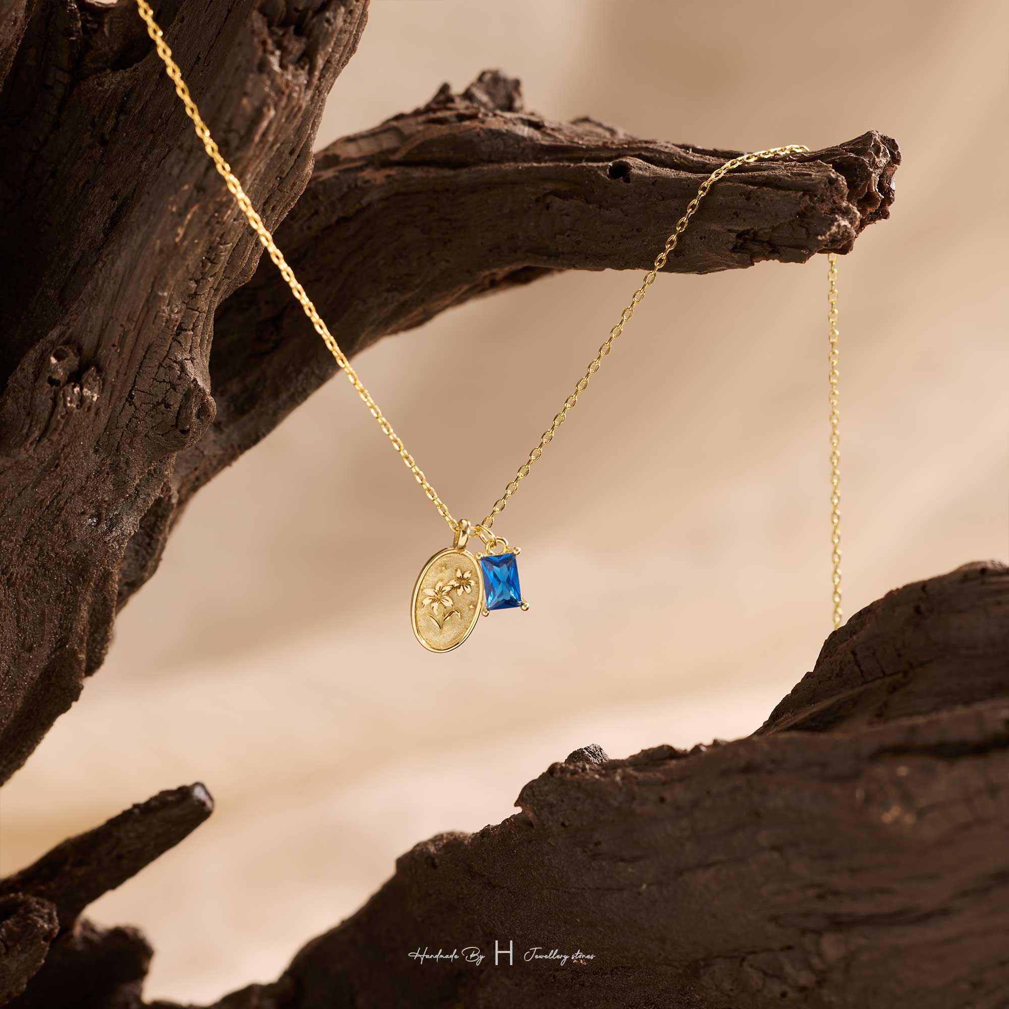 Engraved Birth Flower and Birthstone Necklace