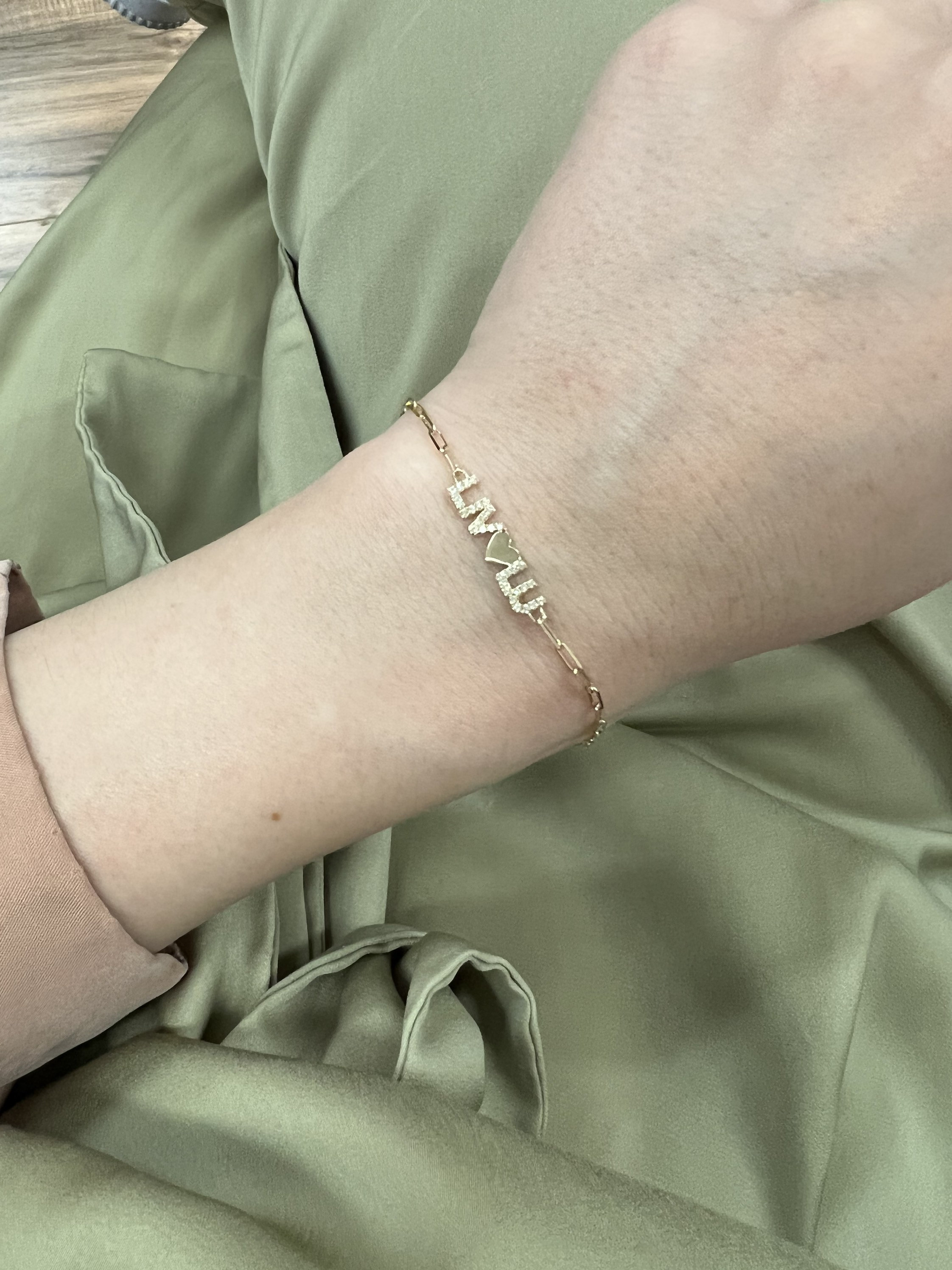 14K Gold Diamond Name Bracelet on a Paperclip Chain