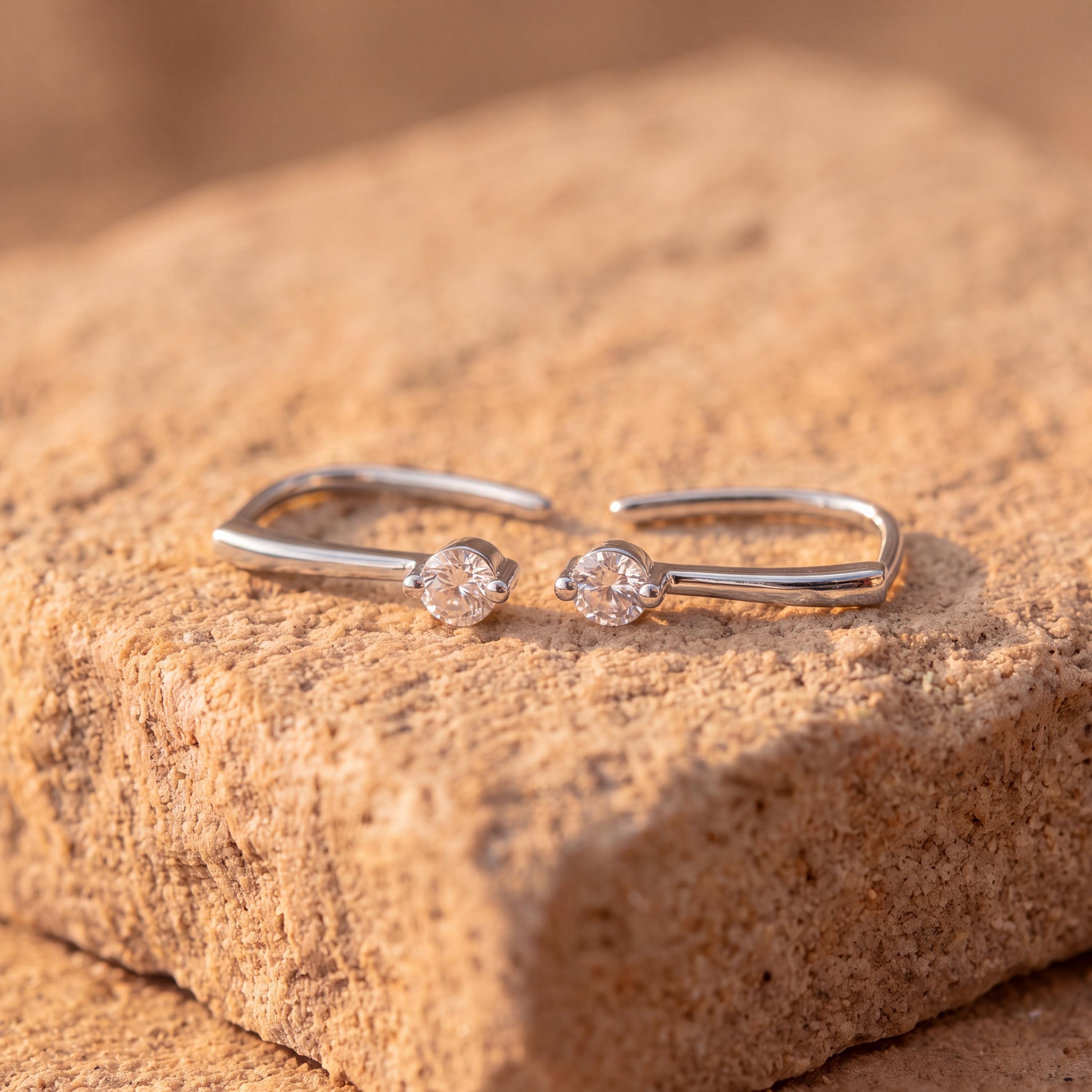 Minimalist Vertical Bar Drop Earrings with a Round Cubic Zirconia Solitaire