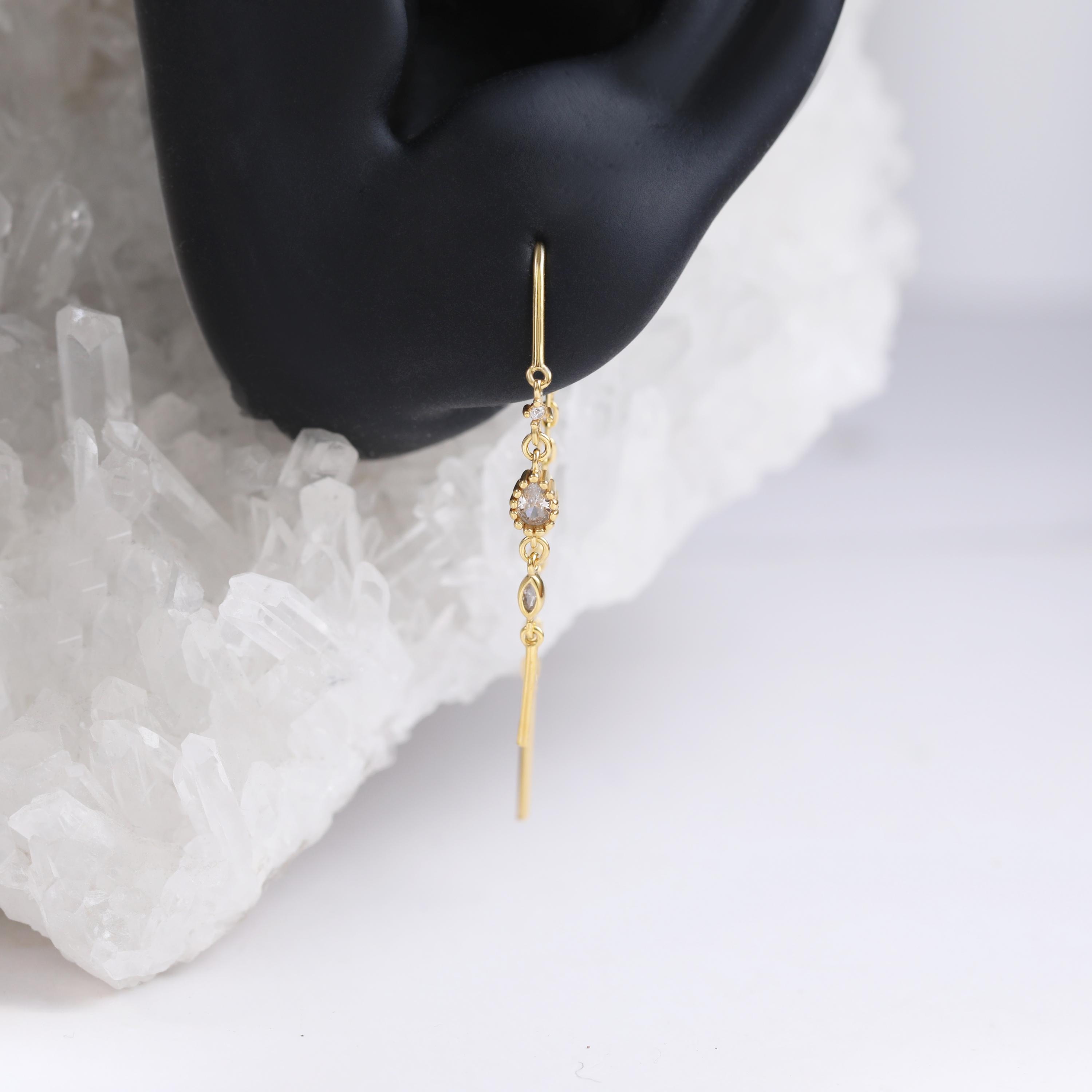 14K Gold Plated Threader Earring with Cubic Zirconia and Curved Bar