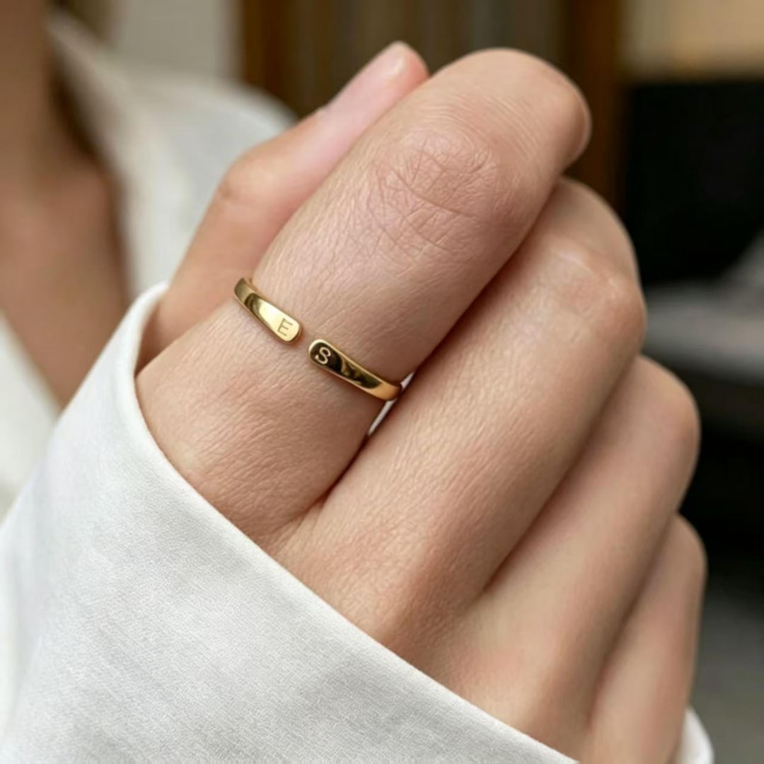 Custom Engraved Double Initial Ring, 18K Gold Plated Steel
