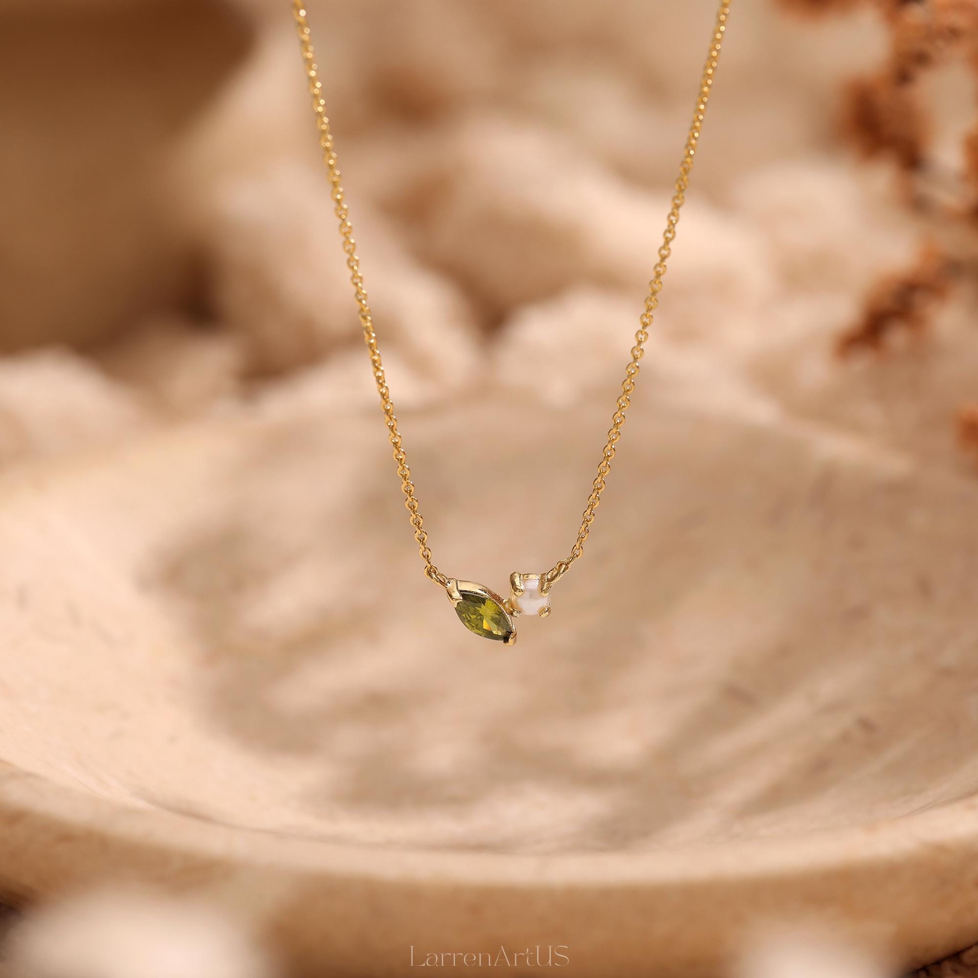 Marquise Birthstone and Pearl Necklace, Personalized Gemstone Pendant