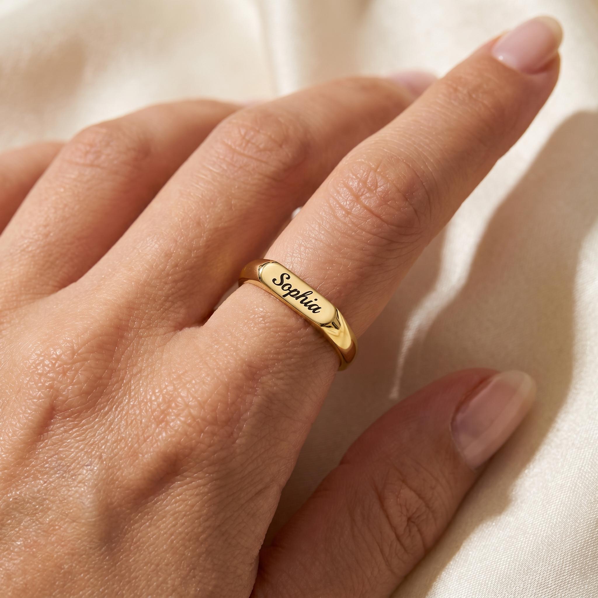 14K Solid Gold Engraved Bar Name Ring, Custom Signet Band