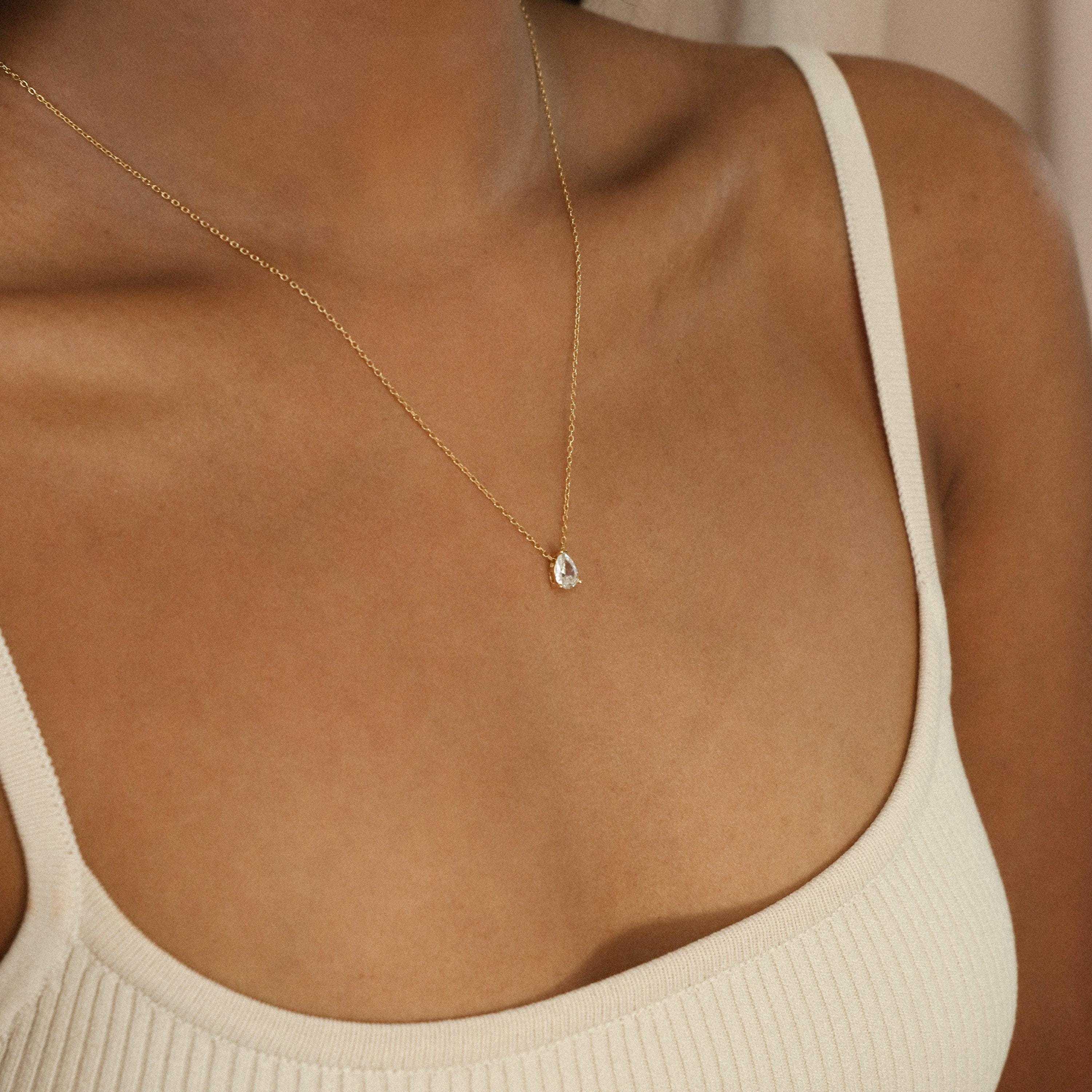 Pear Cut Teardrop Pendant Necklace in 925 Sterling Silver, 18K Gold Plated