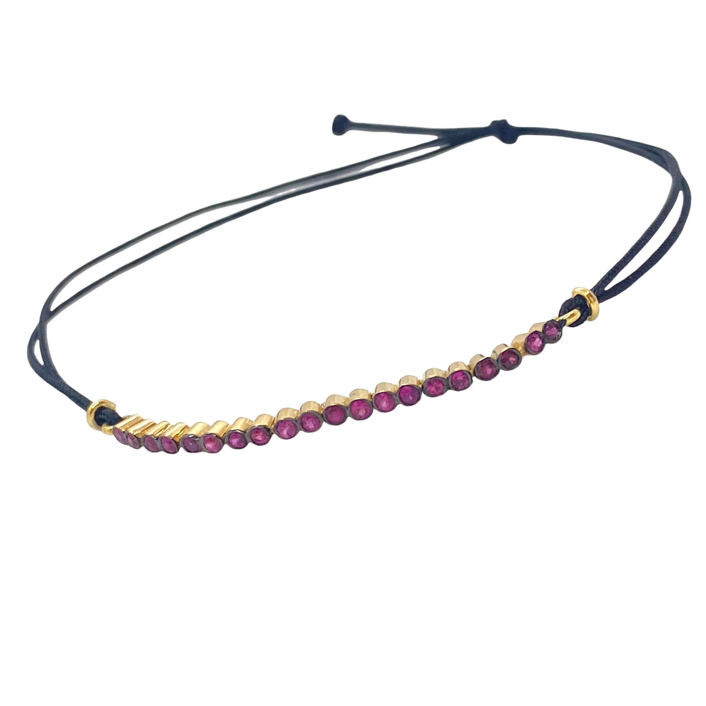 Handmade 18K Yellow Gold Ruby Bar Bracelet with Black Cord