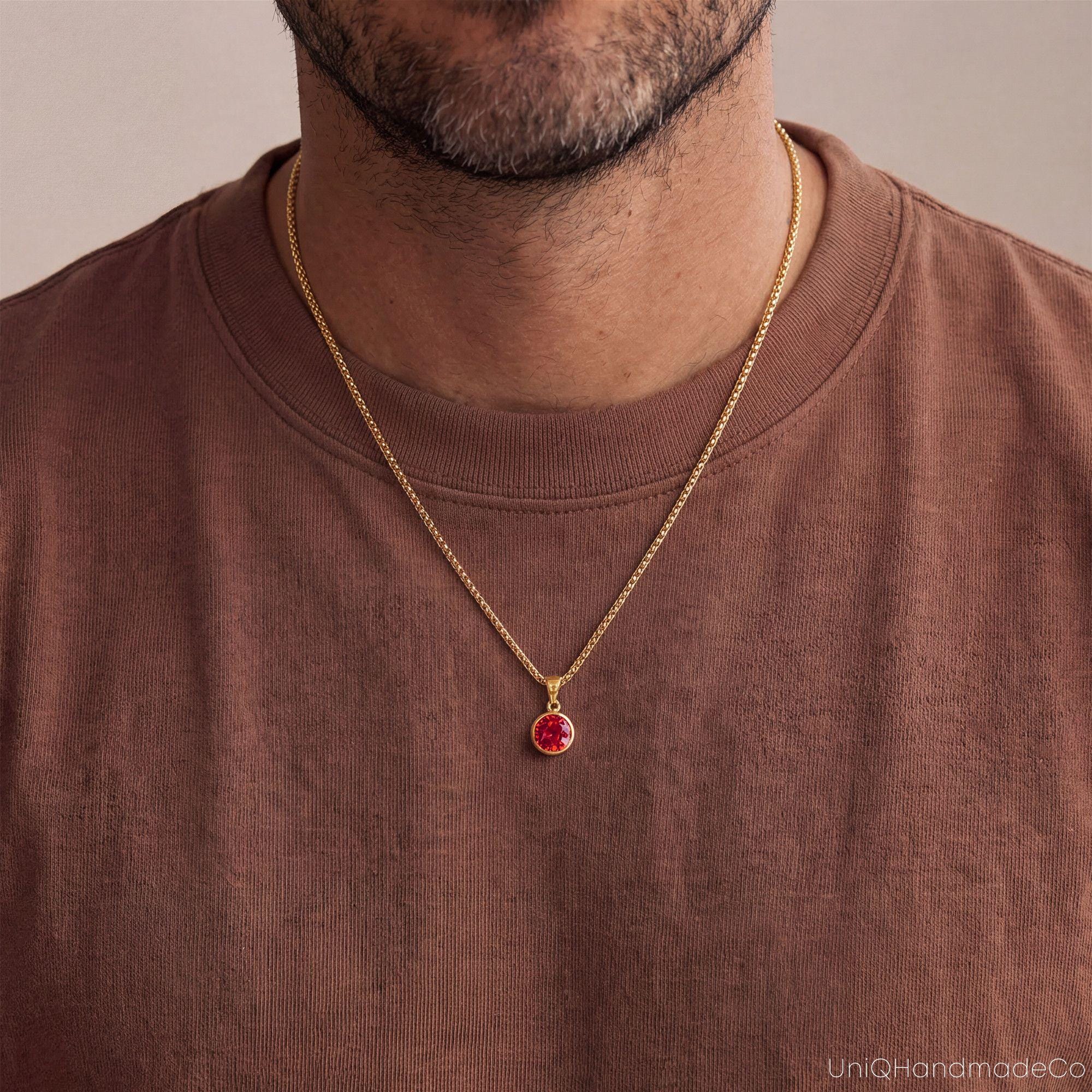 Men's Birthstone Necklace with Black Onyx or Tiger Eye on a Curb Chain