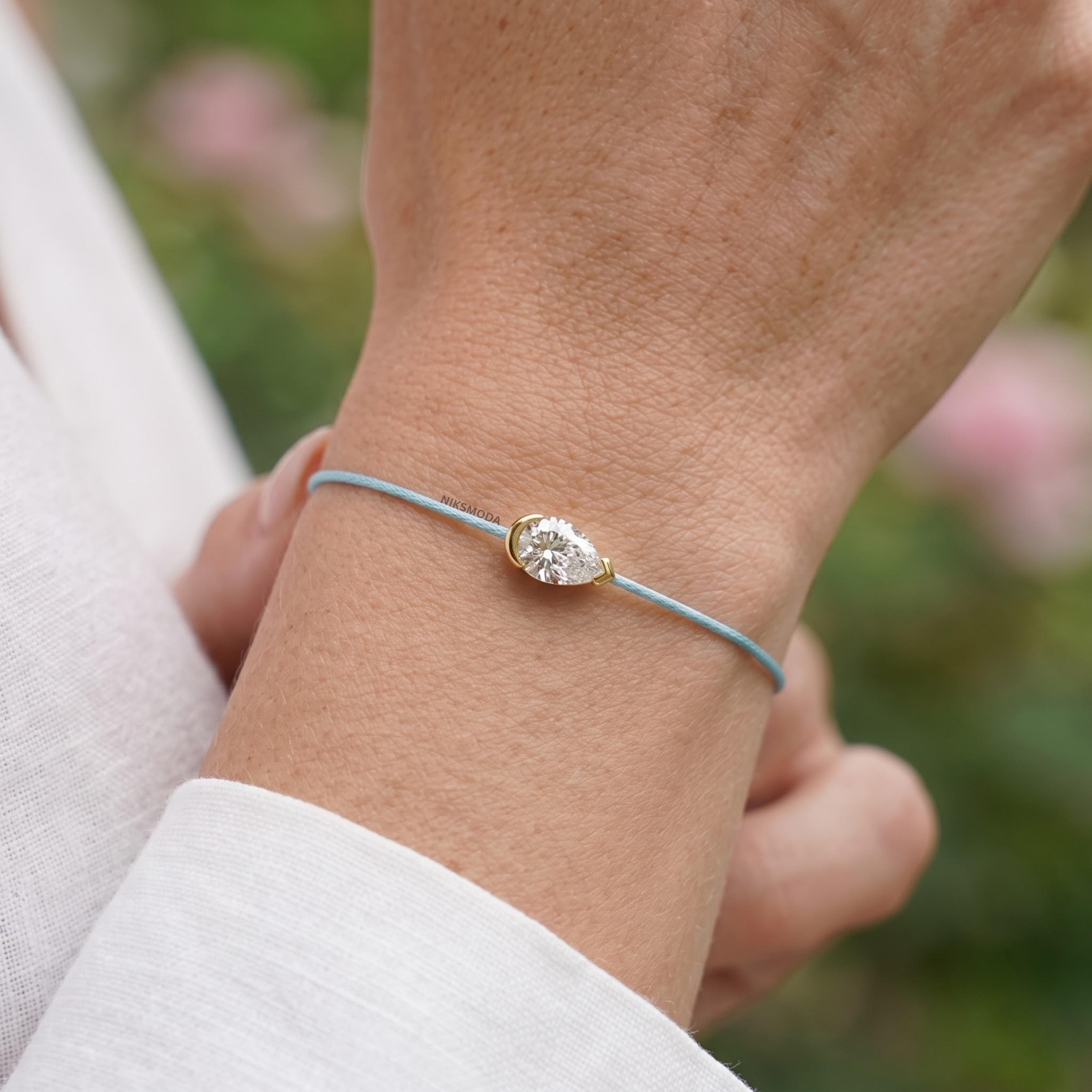 Pear Cut Lab Grown Diamond Bracelet in 925 Sterling Silver with Light Blue Cord