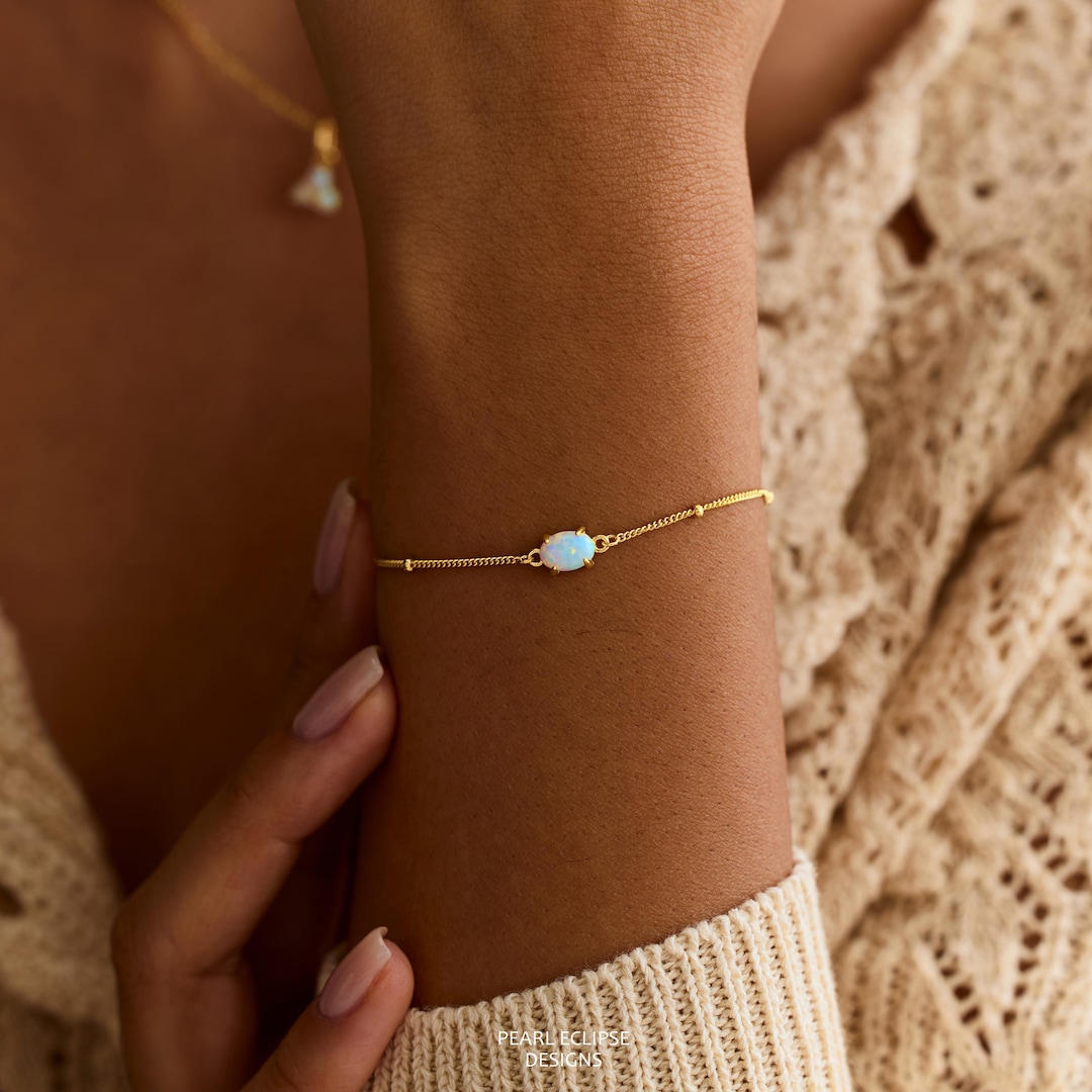 Dainty Natural Opal Bracelet on a Minimalist Gold Beaded Chain