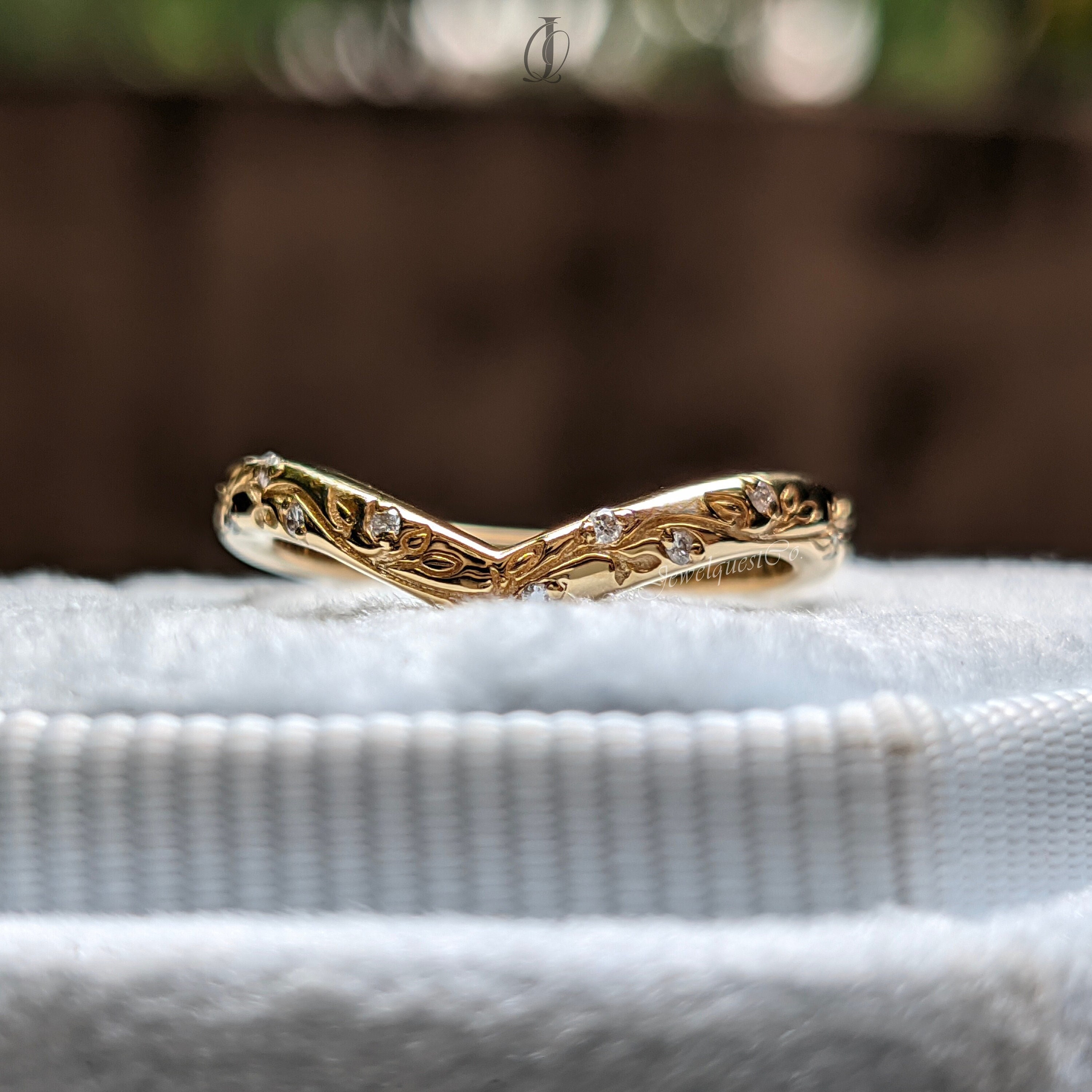 Chevron Leaf Moissanite Wedding Band in Solid Gold with Vine Engraving