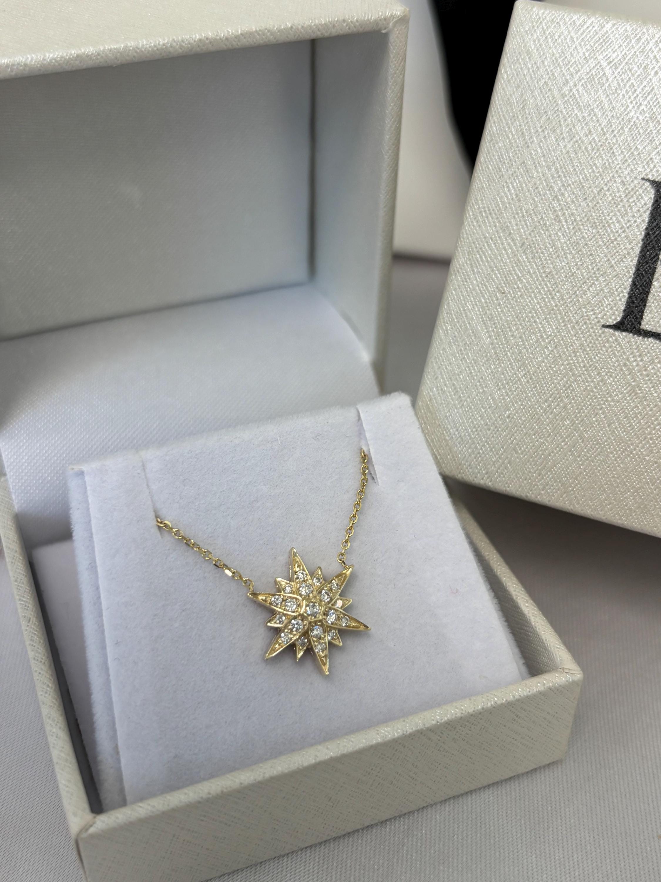 14K Solid Gold Starburst Diamond Pendant Necklace