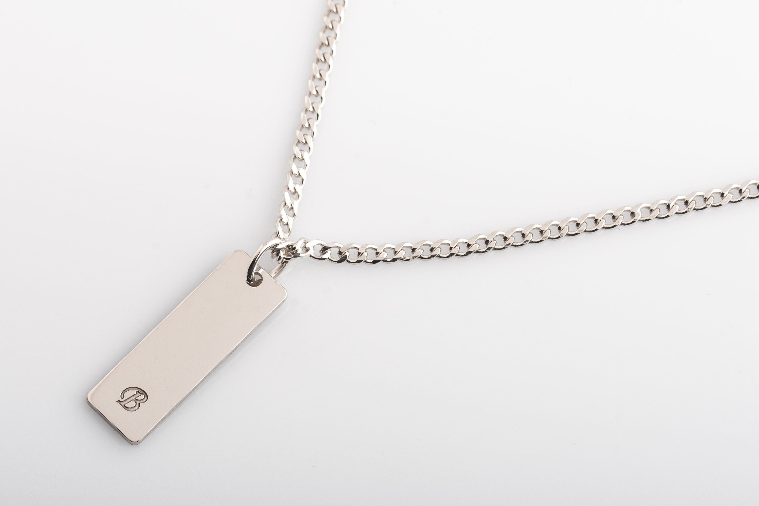 Engraved Sterling Silver Bar Necklace for Men with Curb Chain