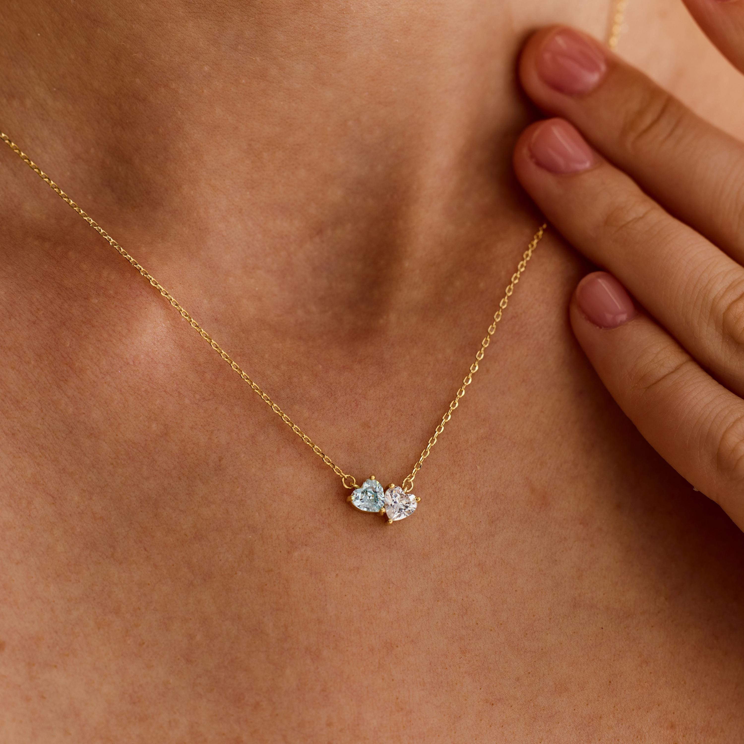 Dainty Two Heart Birthstone Couple Necklace in Gold Plated Brass