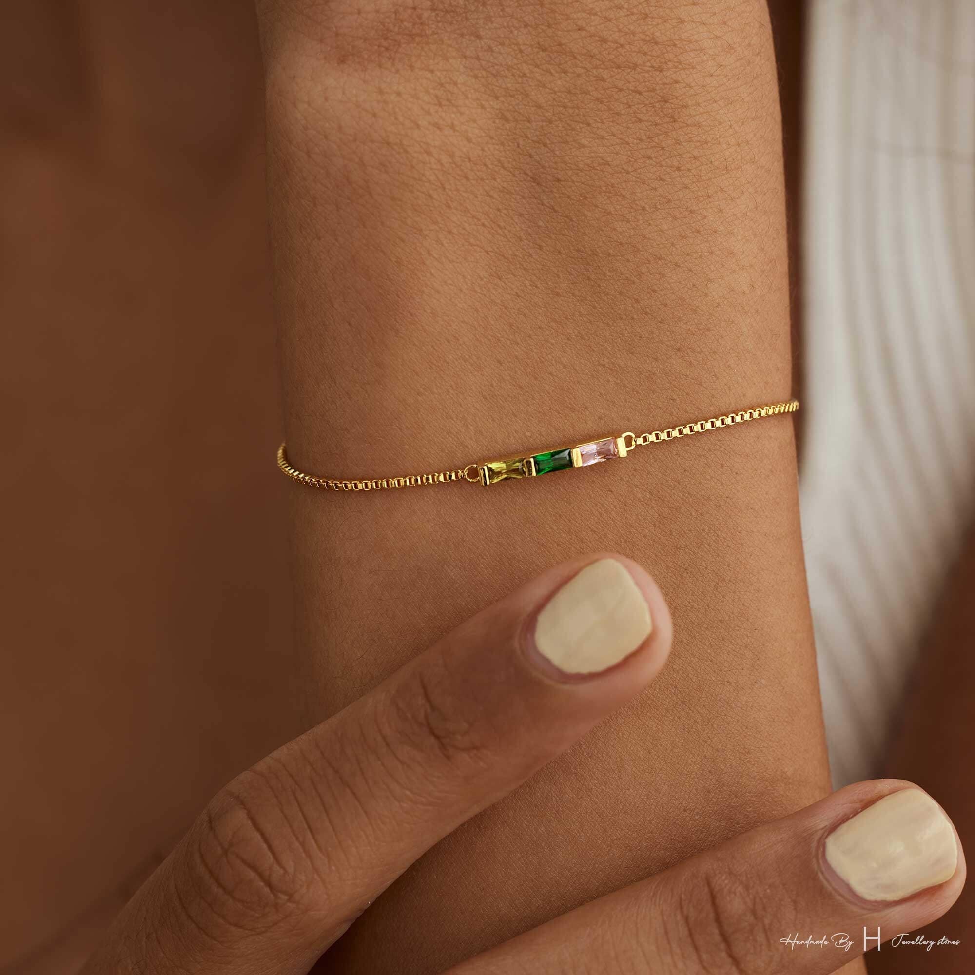 Custom Baguette Birthstone Bracelet in Rose Gold or Silver Plated Copper