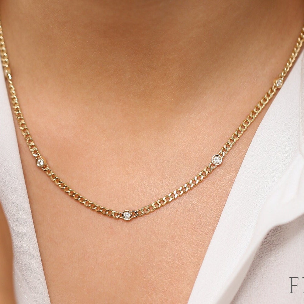 14K Gold Curb Link Chain Necklace with Bezel Set Solitaire Diamond