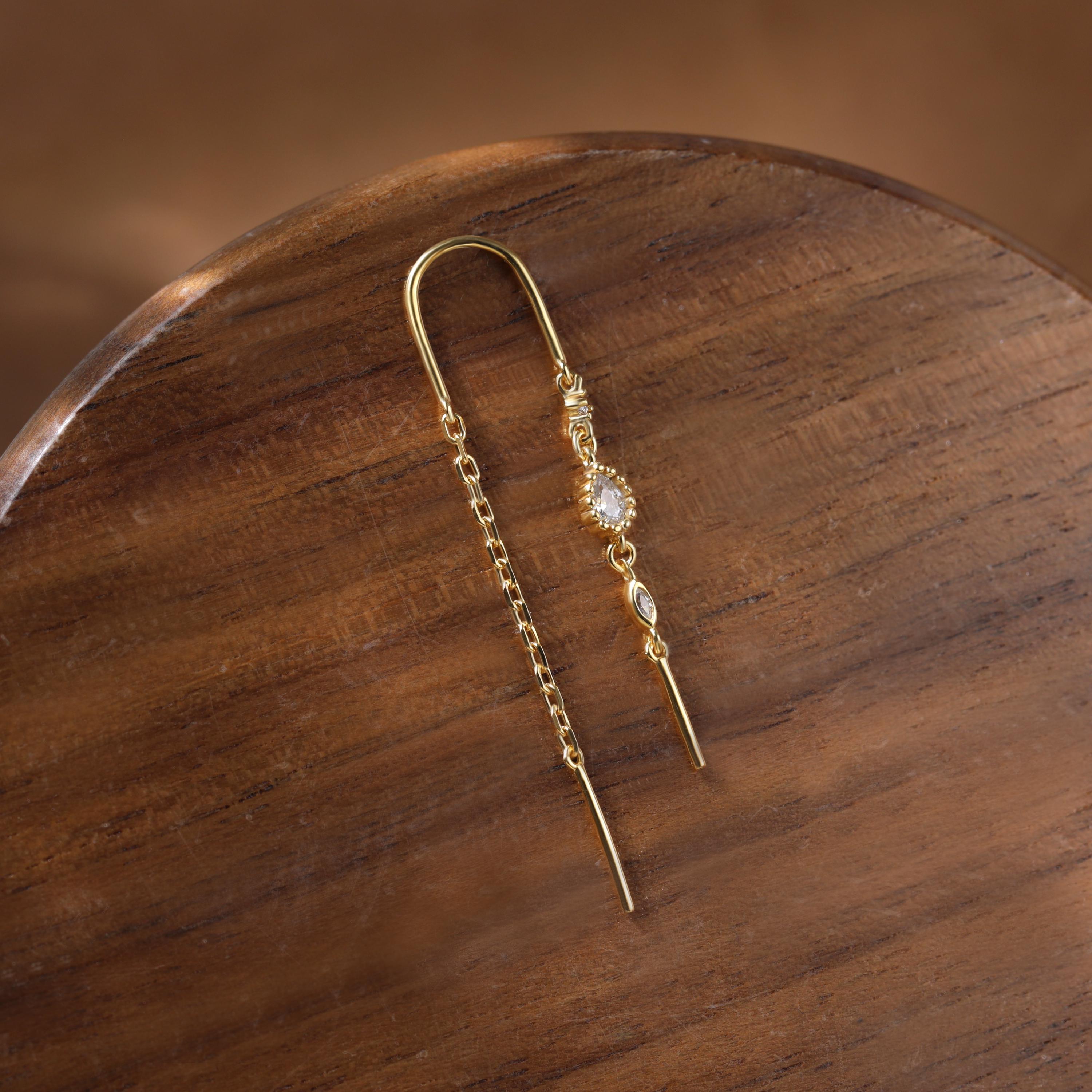 14K Gold Plated Threader Earring with Cubic Zirconia and Curved Bar