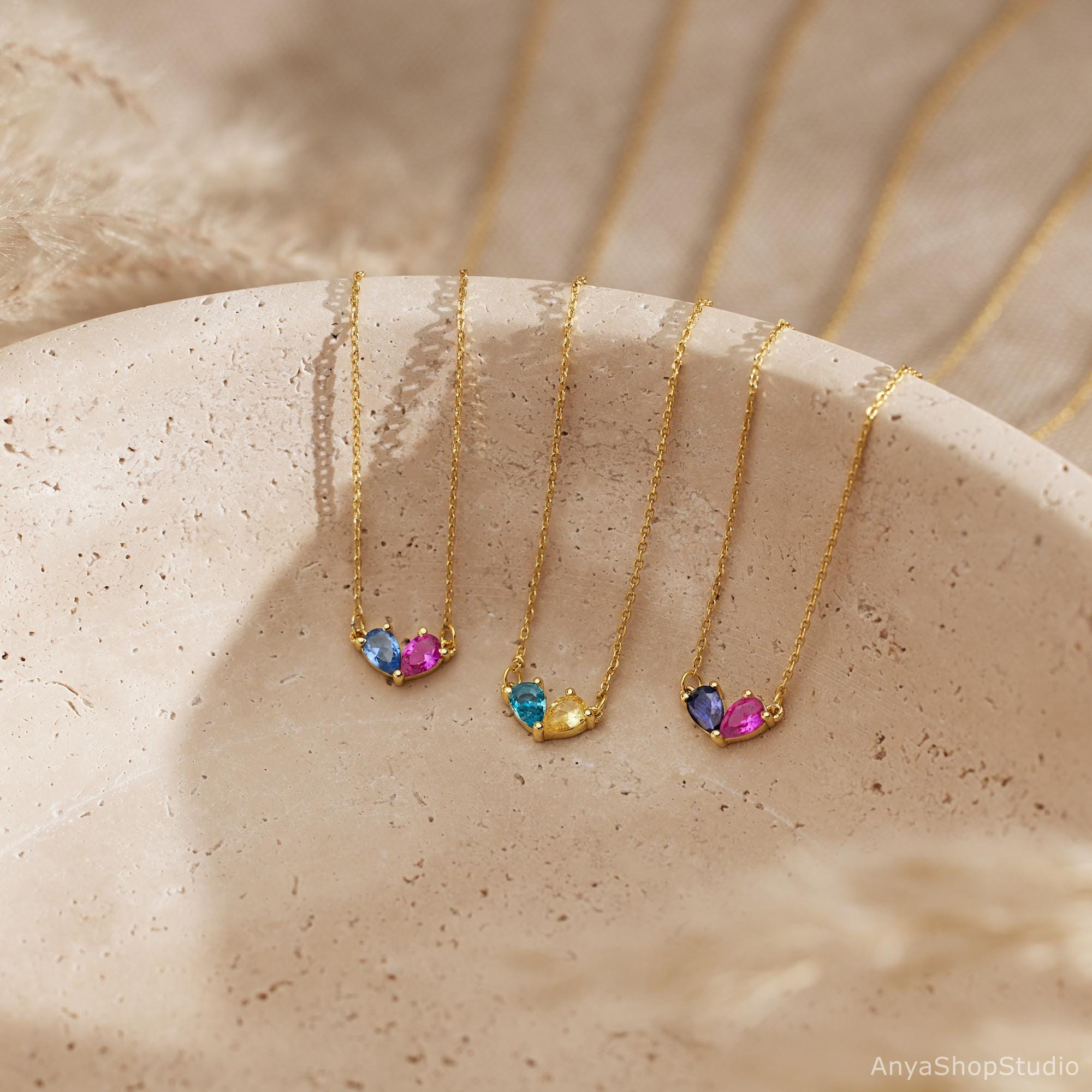 Tiny Heart Two Birthstone Necklace