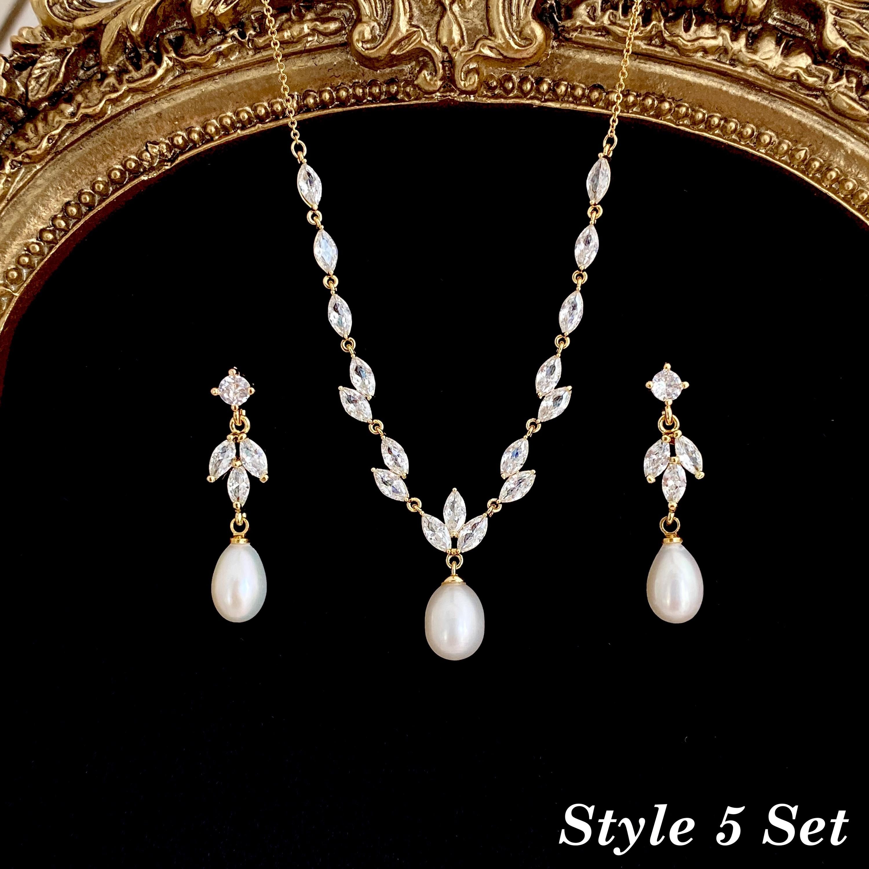 Gold Leaf and Freshwater Pearl Necklace with CZ Crystal Accent