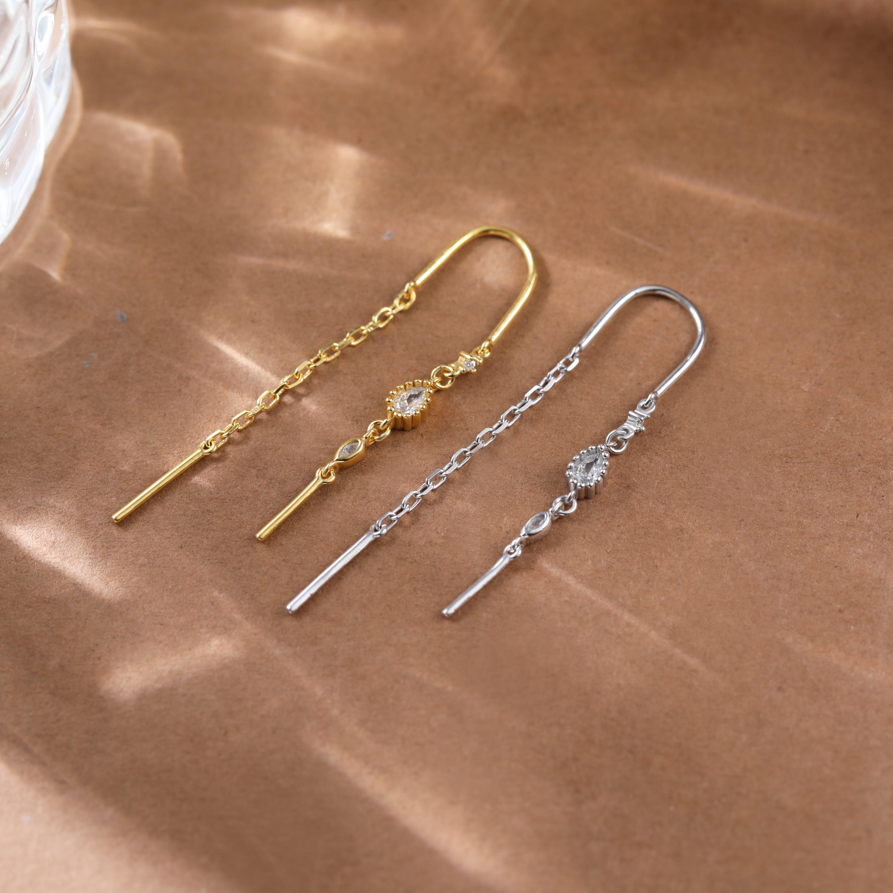 14K Gold Plated Threader Earring with Cubic Zirconia and Curved Bar