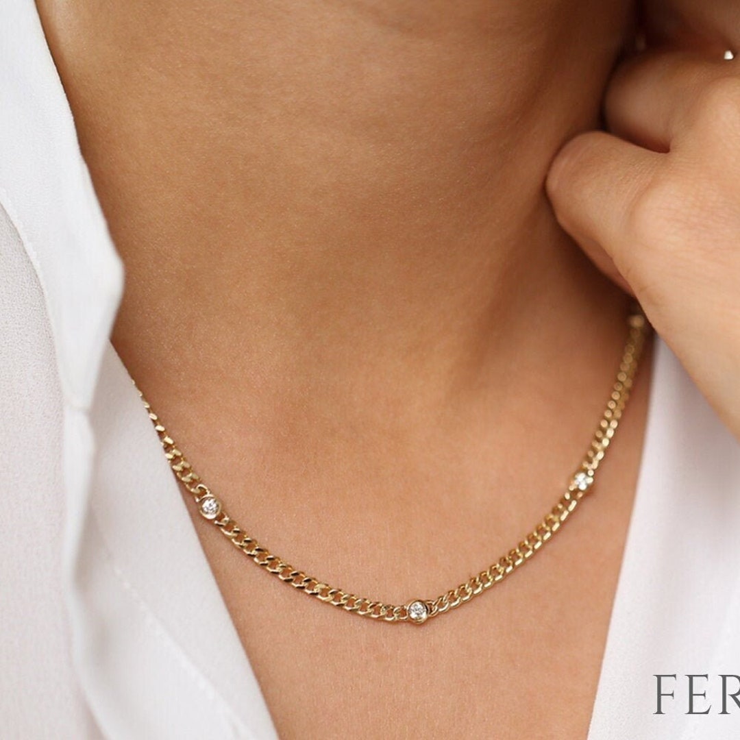 14K Gold Curb Link Chain Necklace with Bezel Set Solitaire Diamond