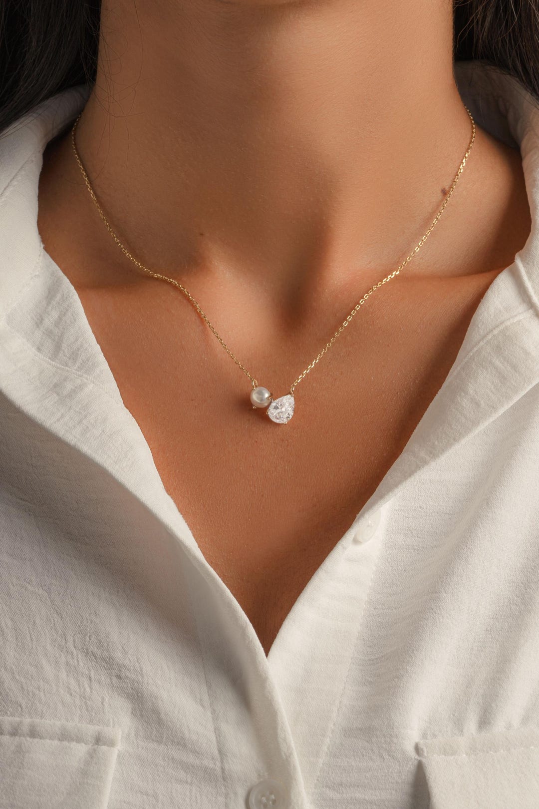 Toi et Moi Necklace with Freshwater Pearl and Pear Cut Stone