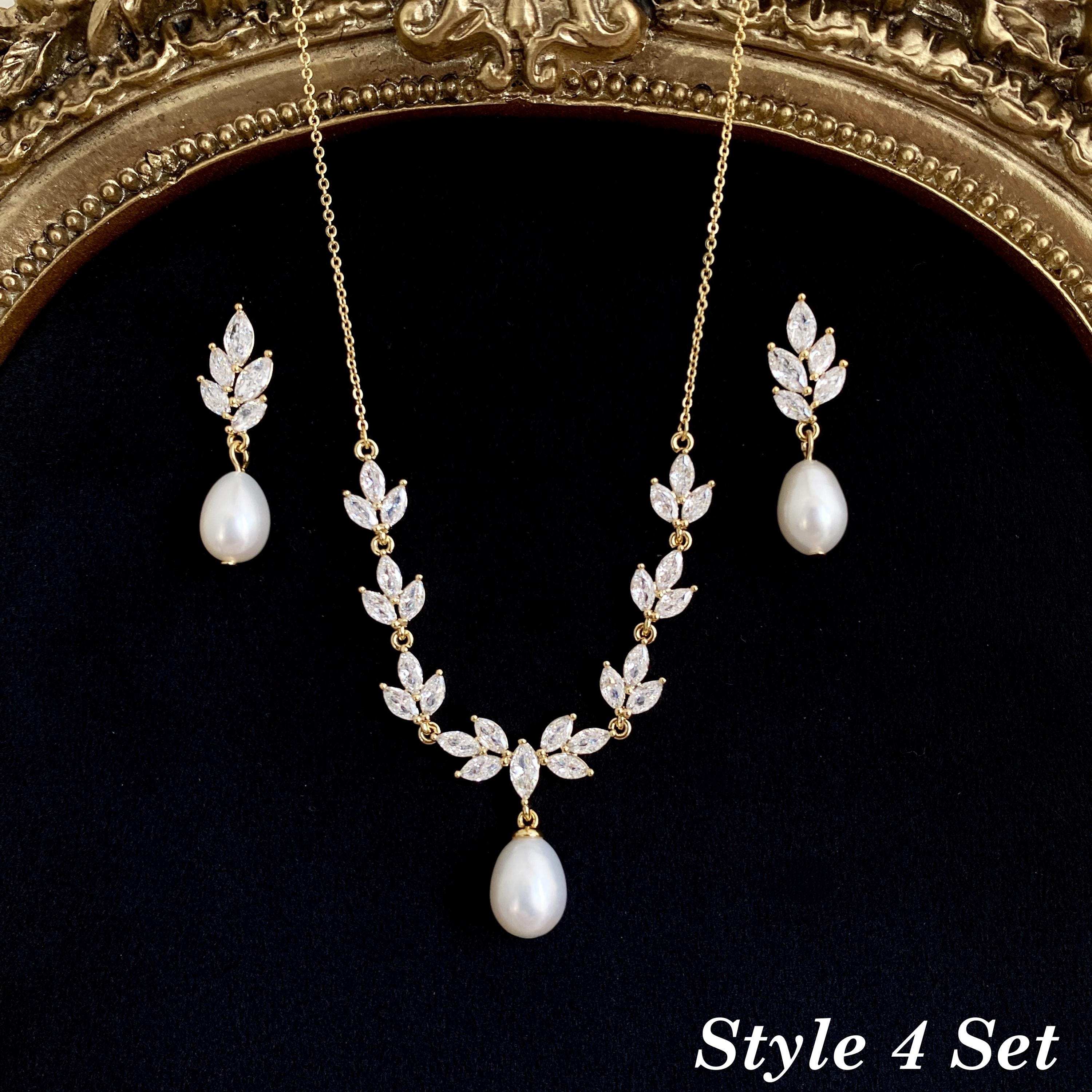 Gold Leaf and Freshwater Pearl Necklace with CZ Crystal Accent