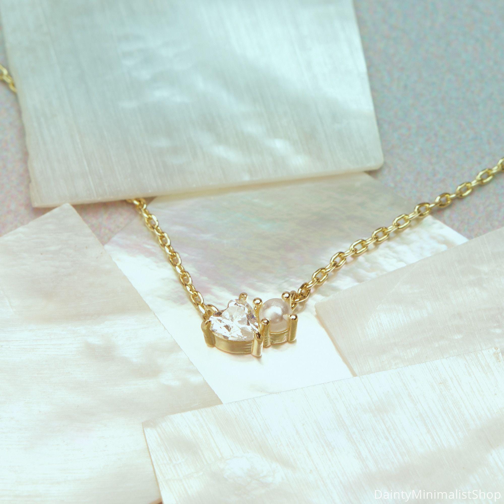Dainty Pearl Necklace with Heart CZ Diamond in 14K Gold Plated Copper