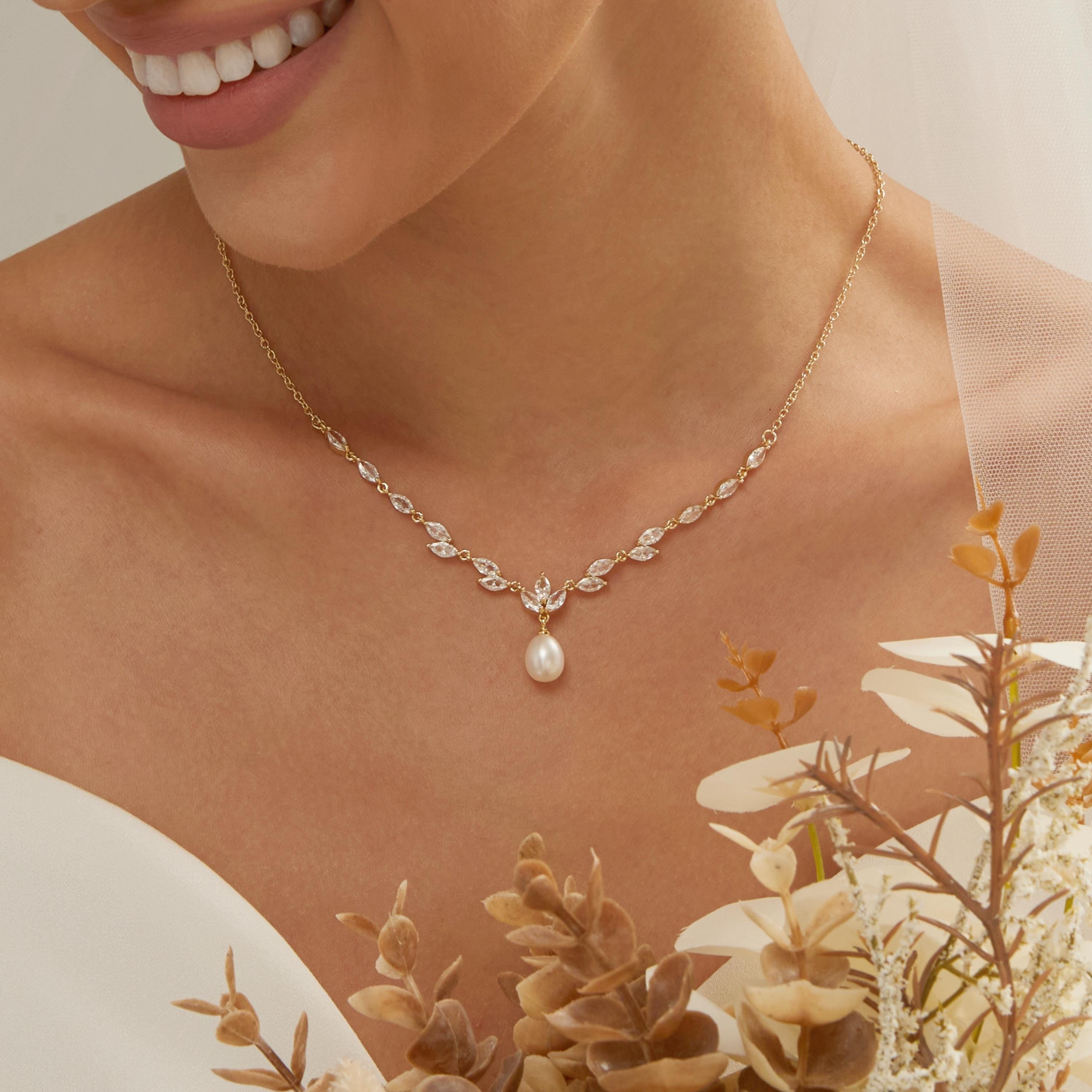 Gold Leaf and Freshwater Pearl Necklace with CZ Crystal Accent