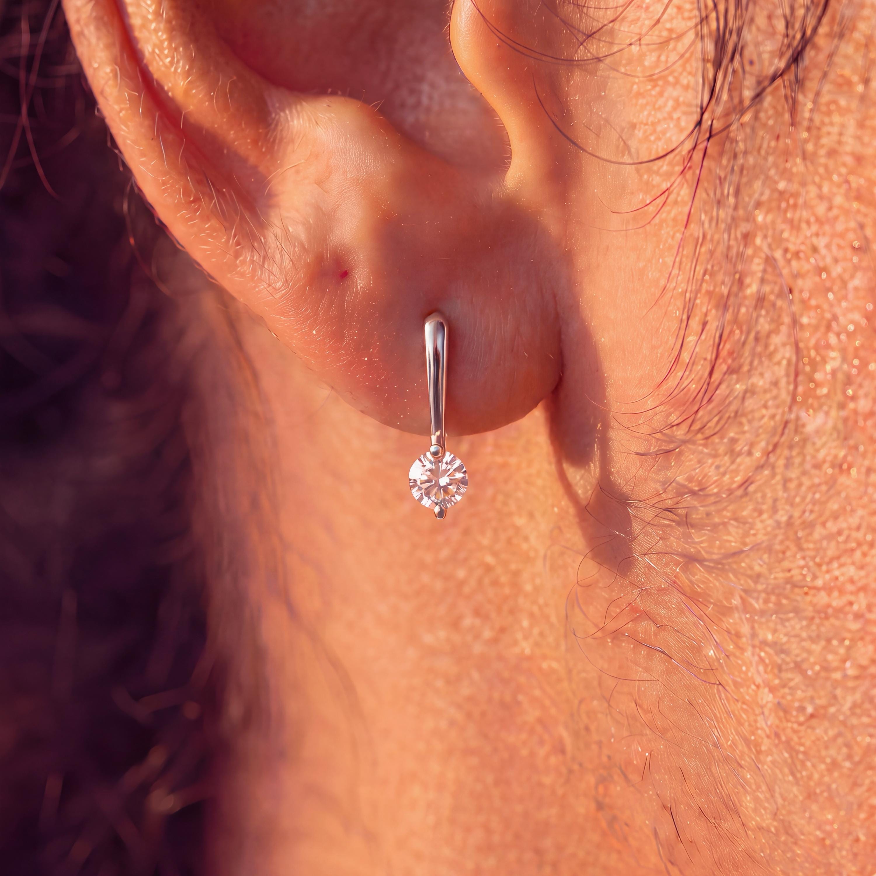 Minimalist Vertical Bar Drop Earrings with a Round Cubic Zirconia Solitaire