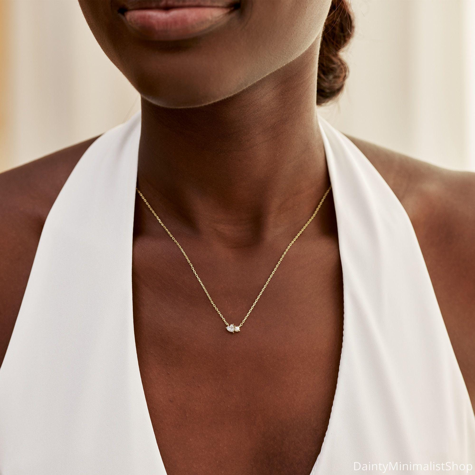 Dainty Pearl Necklace with Heart CZ Diamond in 14K Gold Plated Copper
