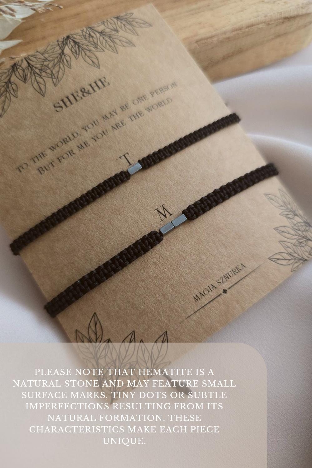 Initial Morse Code Couples Bracelet Set with Hematite Beads in Black Macrame