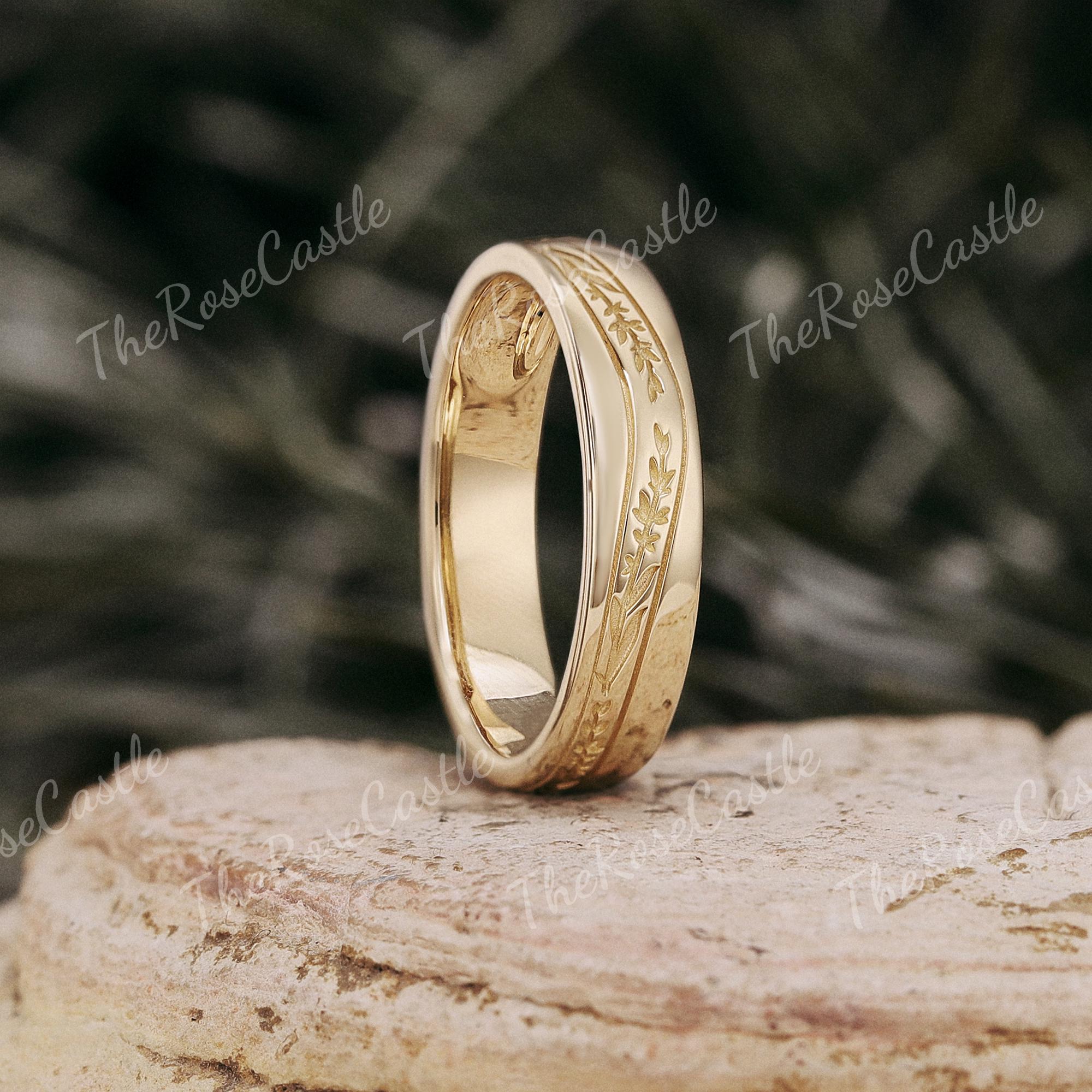 4.3mm Engraved Lavender Gold Wedding Band, Half Eternity Men's Ring