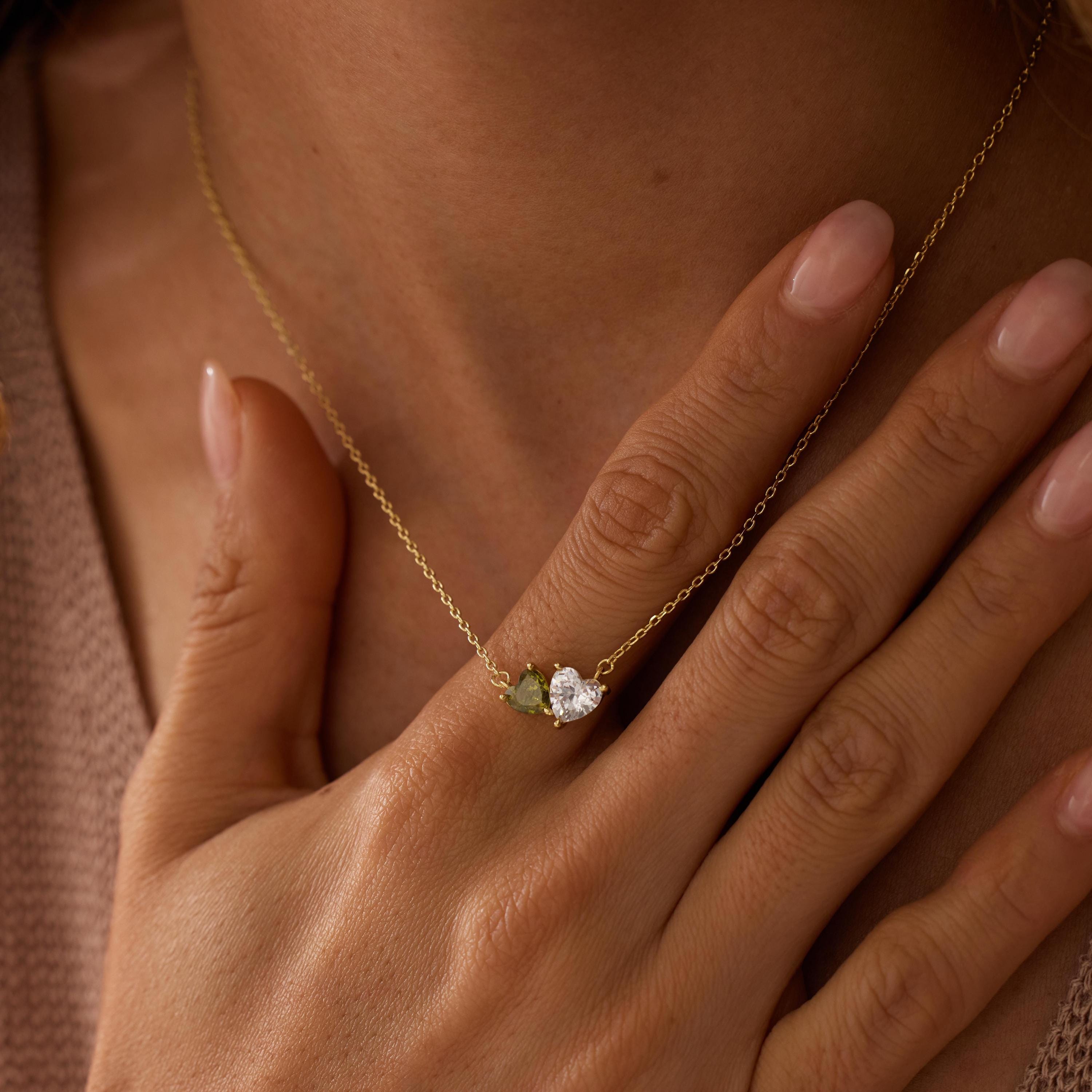 Two Heart Birthstone Necklace in 14K Gold Plating with Two Custom Months