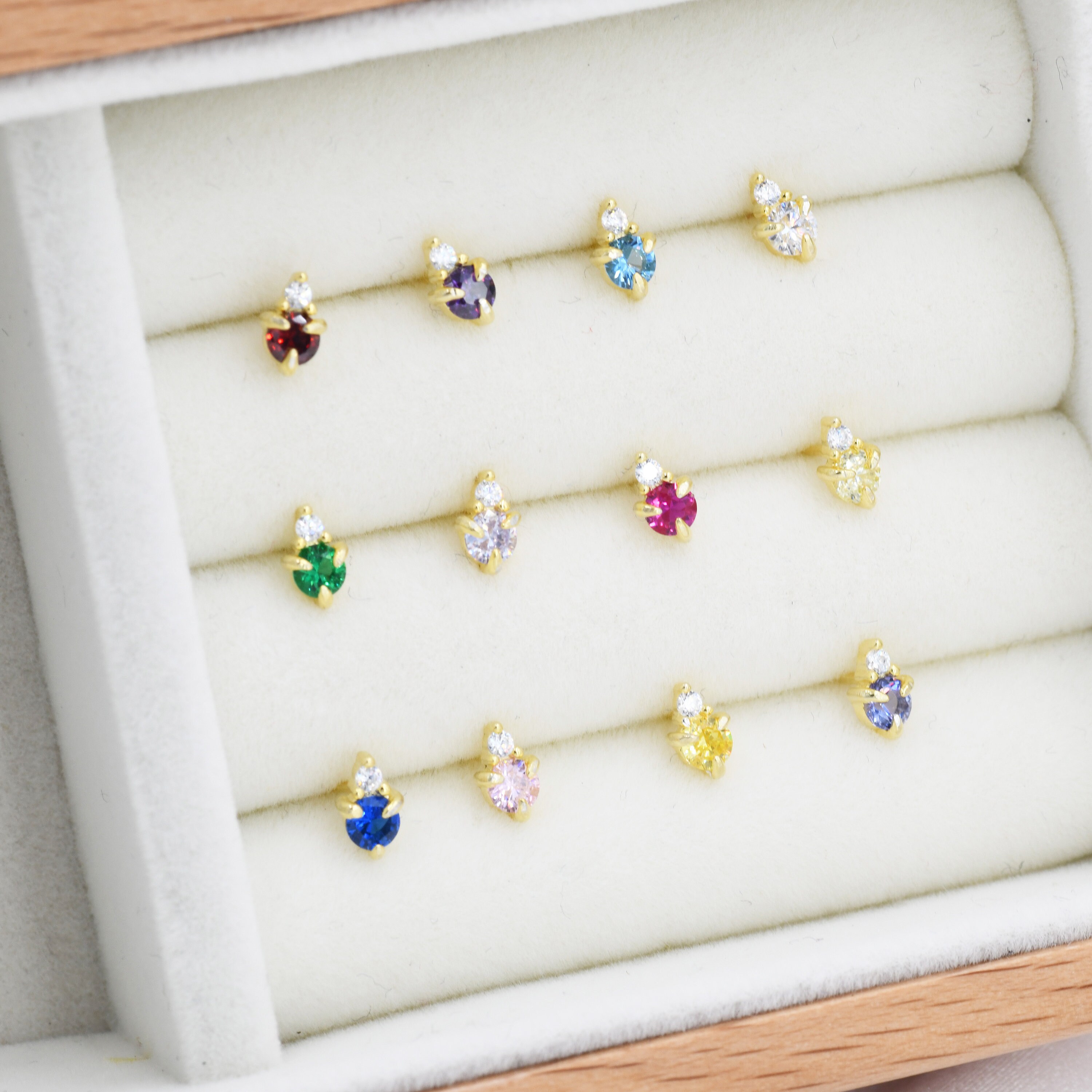 Sterling Silver Tiny Birthstone Stud Earrings with 3mm Cubic Zirconia