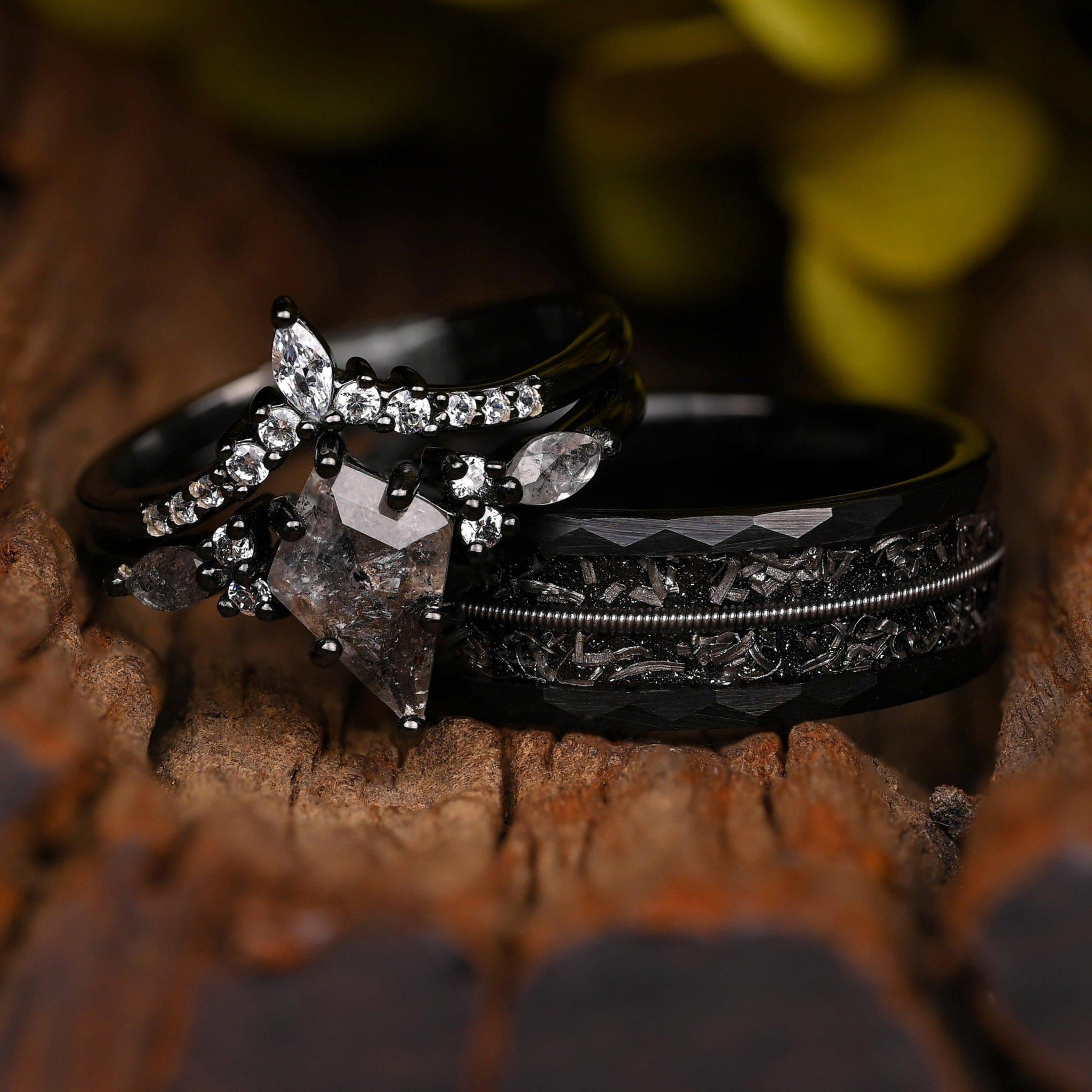 Black Tungsten Meteorite Band and Sterling Silver Salt and Pepper Ring Set