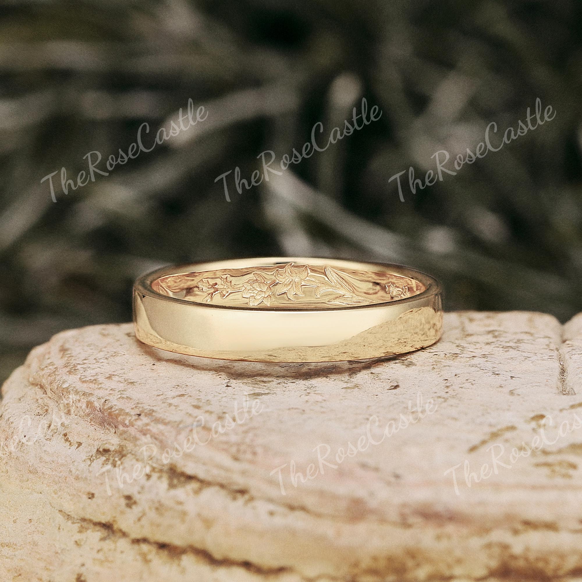 Floral Engraved Wedding Band Set, Matching Couple Bands