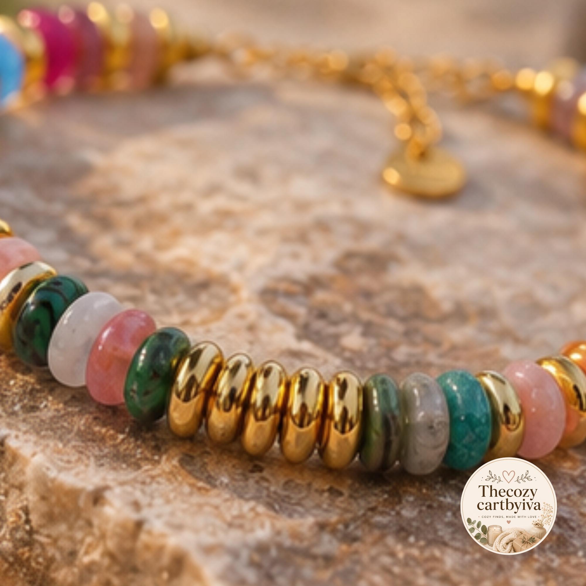 Boho Colorful Gemstone Beaded Bracelet with Gold-Tone Accents