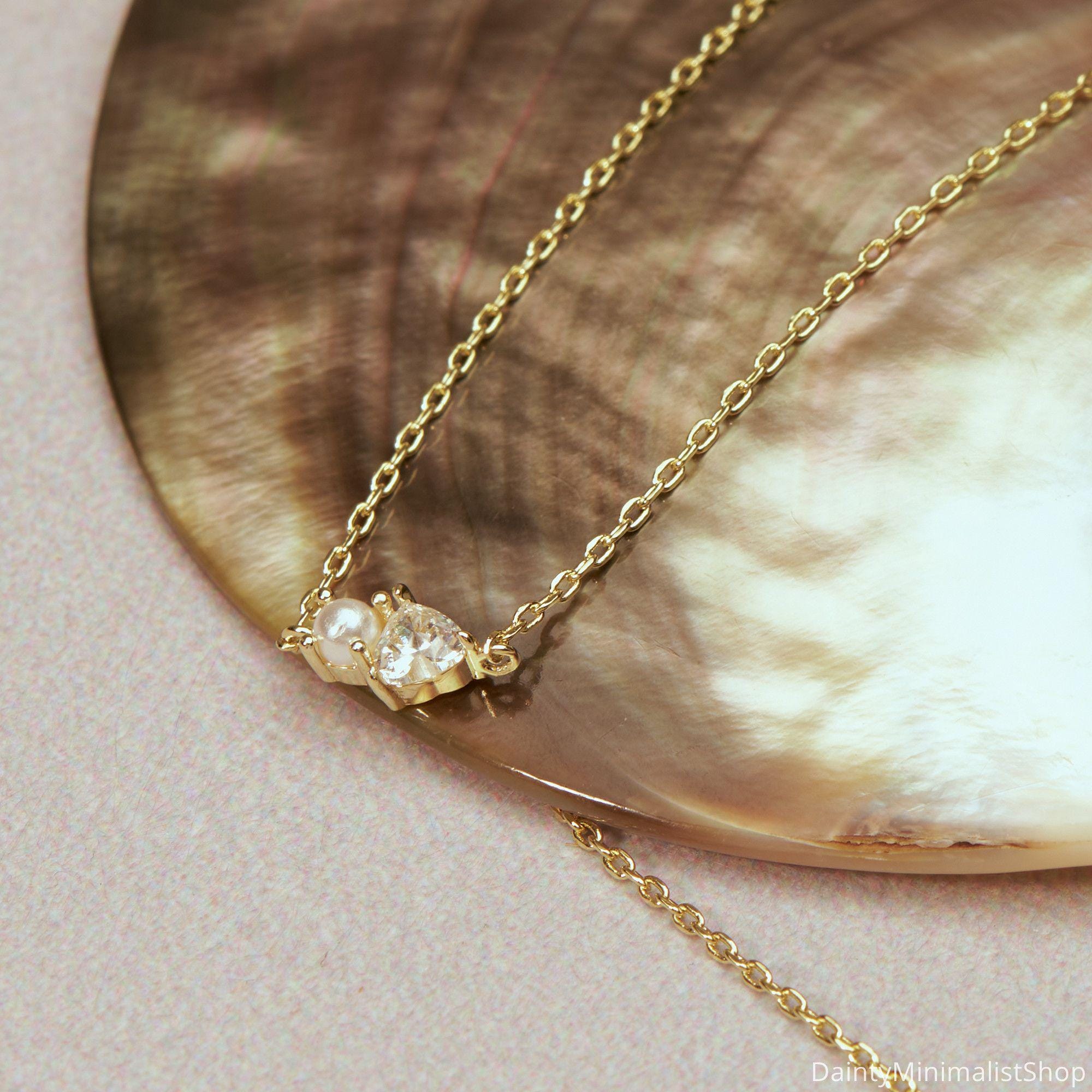 Dainty Pearl Necklace with Heart CZ Diamond in 14K Gold Plated Copper
