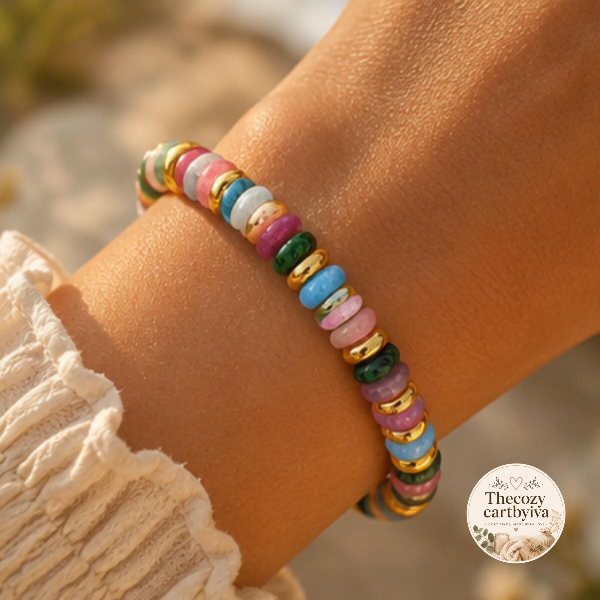 Boho Colorful Gemstone Beaded Bracelet with Gold-Tone Accents