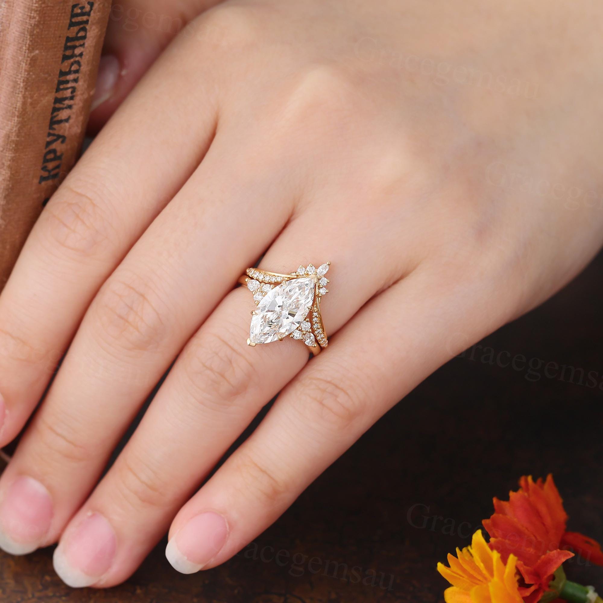 Marquise Lab Grown Diamond Bridal Set, Cluster Prong Filigree