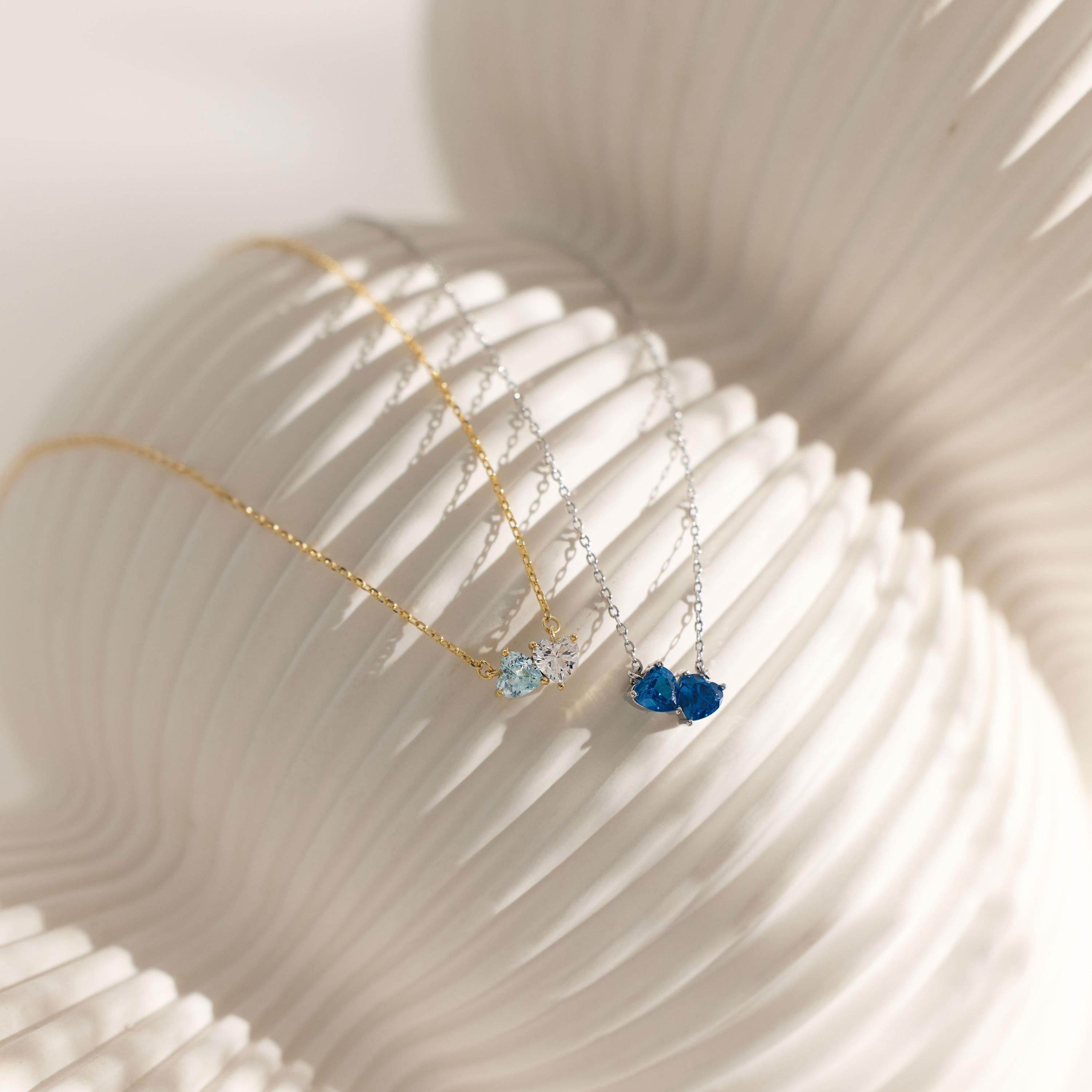 Dainty Two Heart Birthstone Couple Necklace in Gold Plated Brass