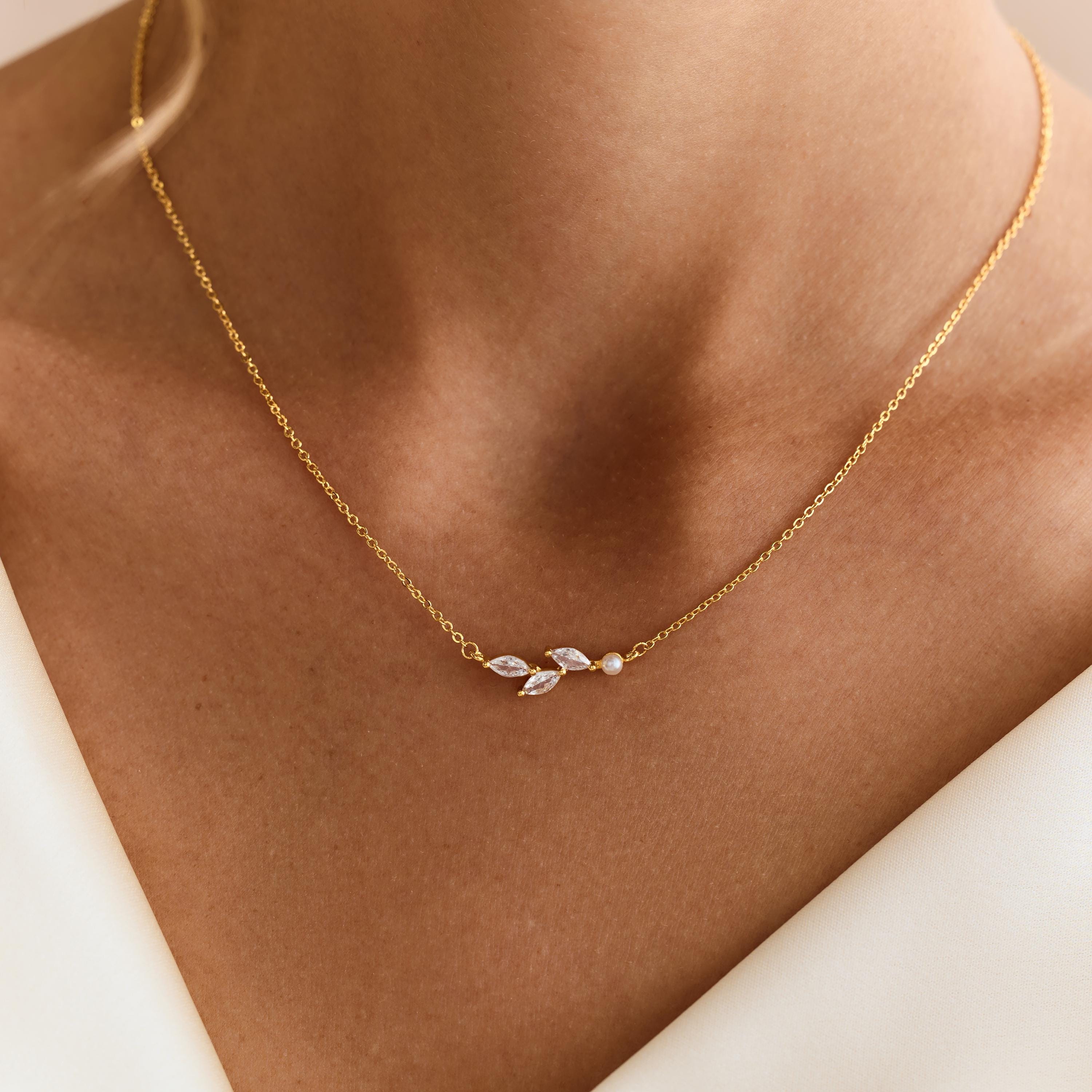 Pearl Leaf Necklace with CZ Stones, Olive Branch Design