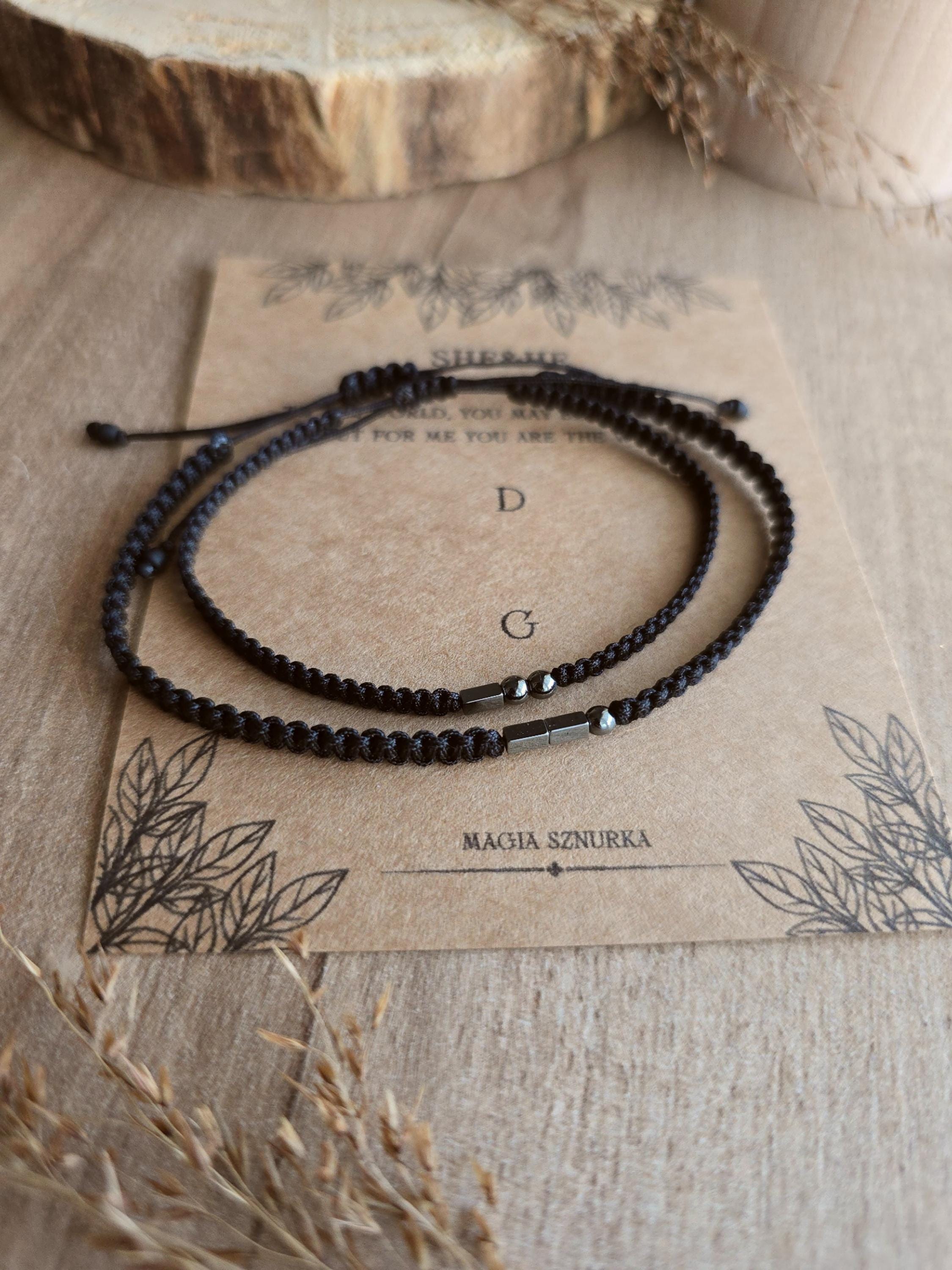 Initial Morse Code Couples Bracelet Set with Hematite Beads in Black Macrame